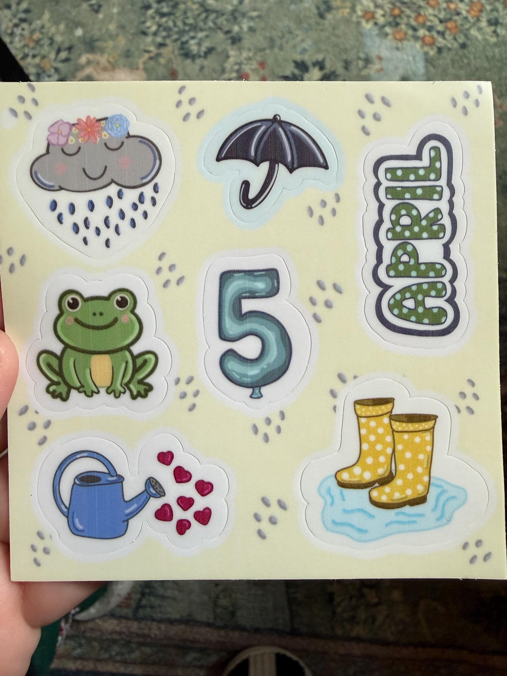 April Planner Sticker Sheet | Spring Journaling Decals | Kawaii Rain Cloud, Frog, & Rain Boots | 4x4 Waterproof Vinyl for Planners and Bujos