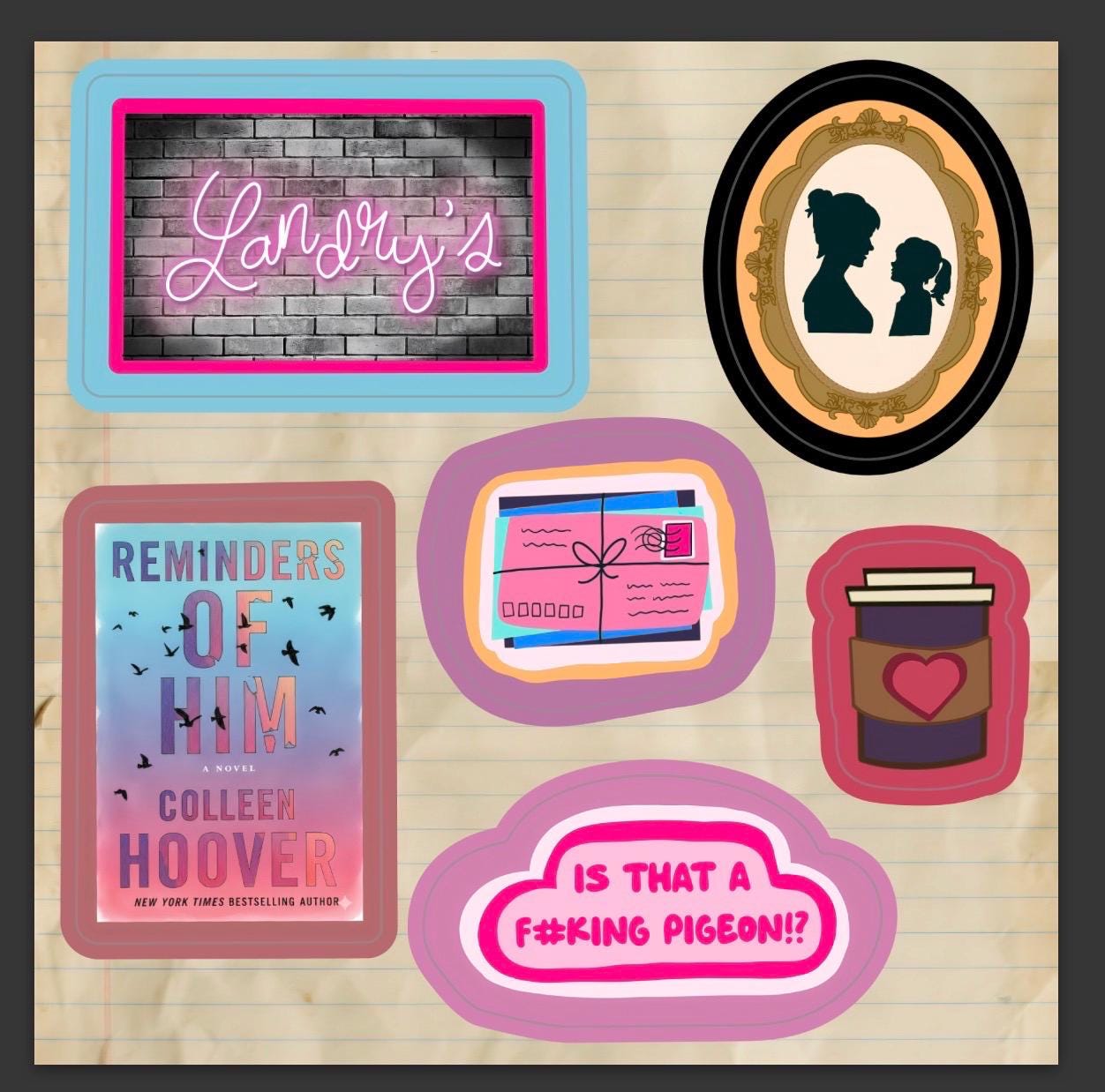 Reminders of Him Sticker Sheet | Colleen Hoover Inspired Bookish Decals | Landry's Bar, Letters to Scottie, Pigeon Quote | CoHo Fan Gift |