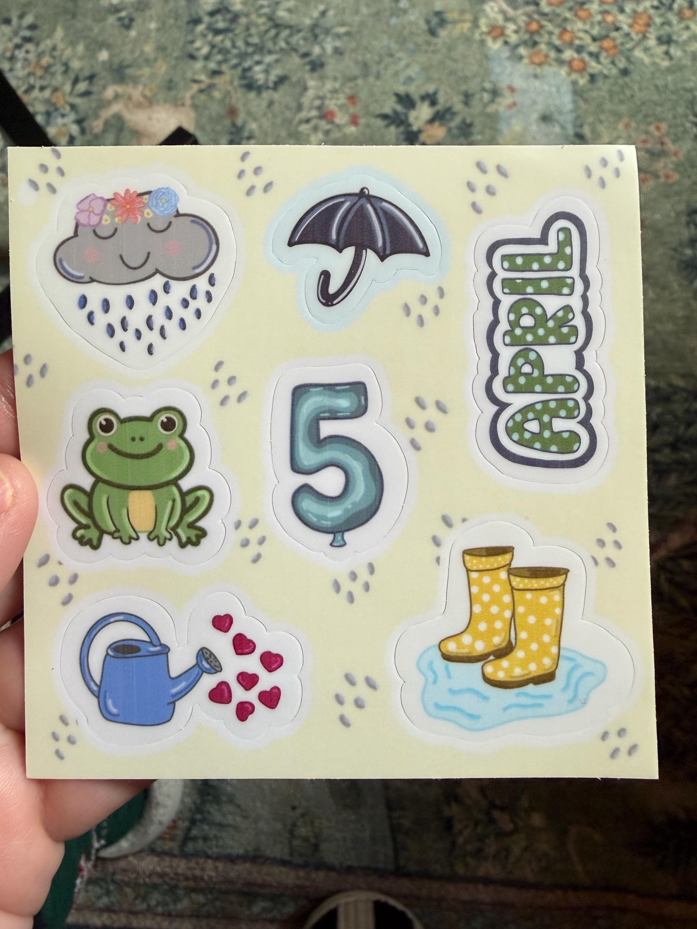 April Planner Sticker Sheet | Spring Journaling Decals | Kawaii Rain Cloud, Frog, & Rain Boots | 4x4 Waterproof Vinyl for Planners and Bujos
