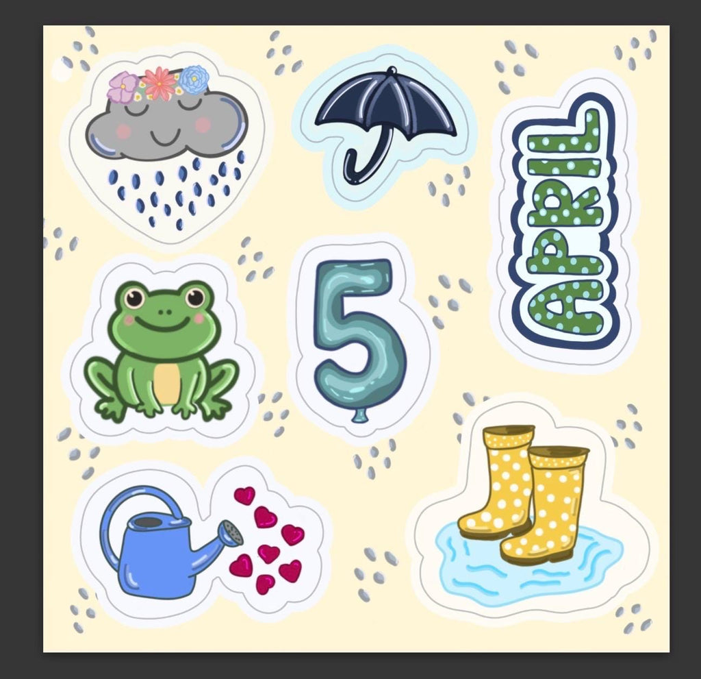 April Planner Sticker Sheet | Spring Journaling Decals | Kawaii Rain Cloud, Frog, & Rain Boots | 4x4 Waterproof Vinyl for Planners and Bujos