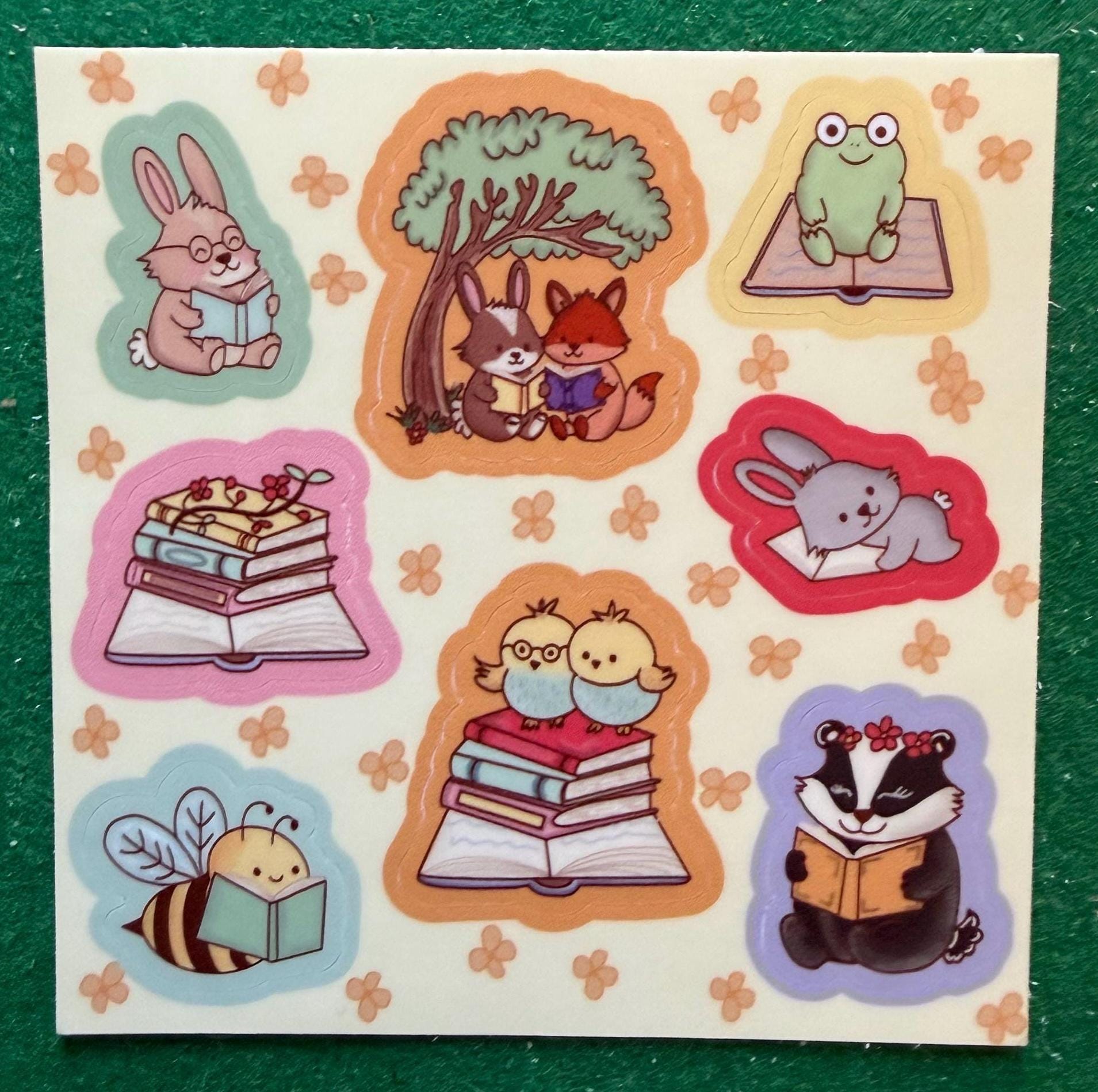 Spring Reading Buddies Sticker Sheet, Cute Animal Bookish Stickers for Kindle, Cottagecore Frog & Bunny Vinyl Decals, Book Lover Gift, 4x4