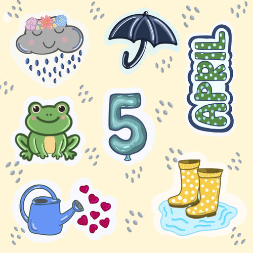 April Planner Sticker Sheet | Spring Journaling Decals | Kawaii Rain Cloud, Frog, & Rain Boots | 4x4 Waterproof Vinyl for Planners and Bujos