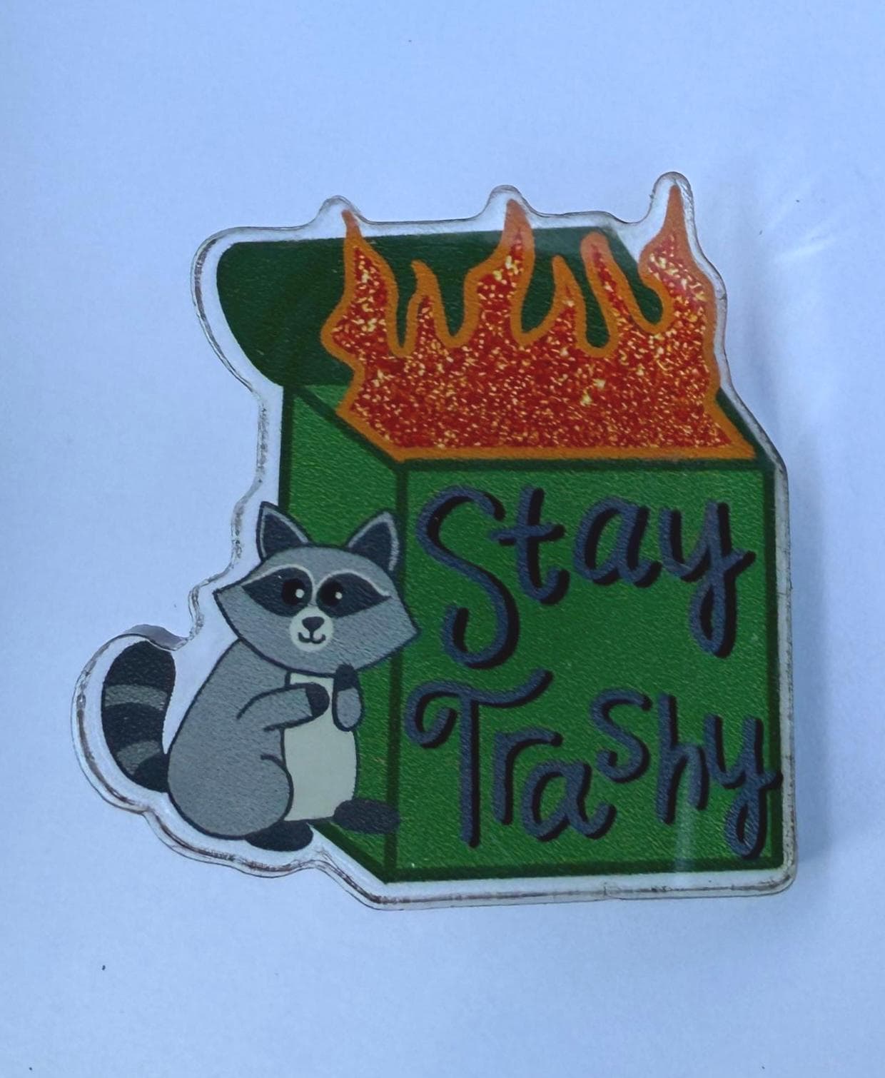 Stay Trashy Raccoon Pin | Dumpster Fire Glitter | Funny Animal | Sarcastic Humor Gift