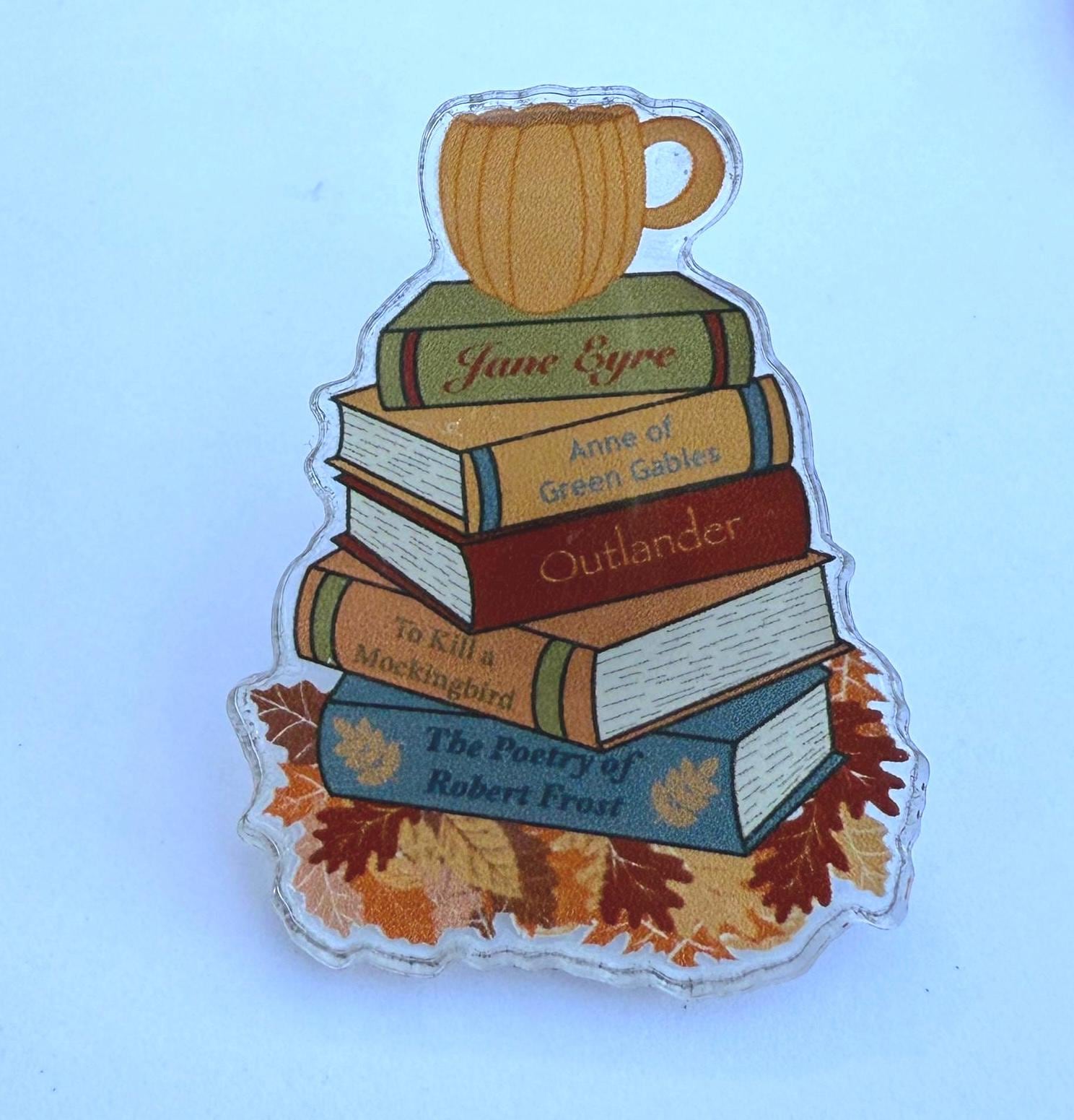 Fall Book Stack Pin | Autumn Cozy Literary Gift | Jane Eyre, Outlander, Mockingbird Book Lover Pin