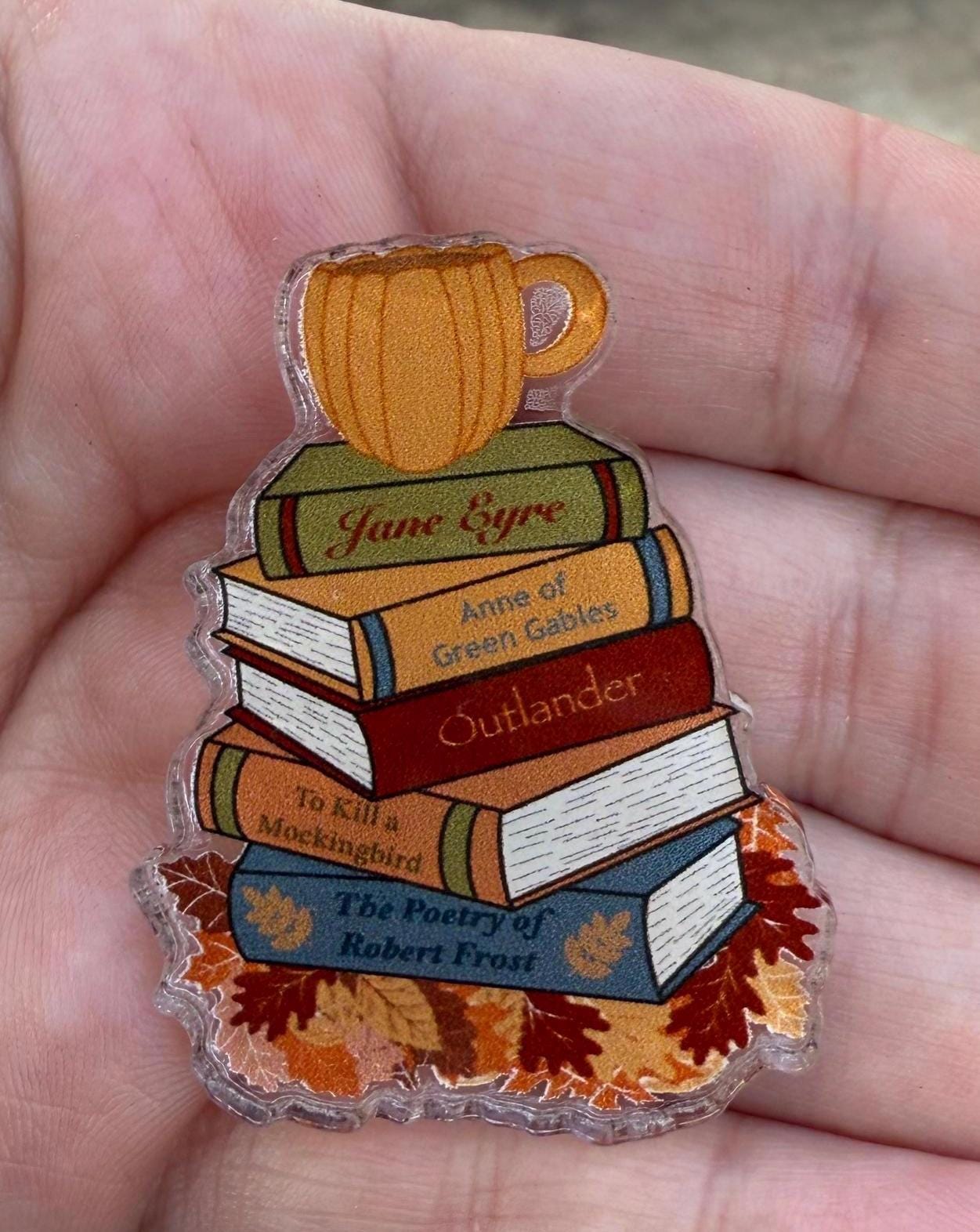 Fall Book Stack Pin | Autumn Cozy Literary Gift | Jane Eyre, Outlander, Mockingbird Book Lover Pin