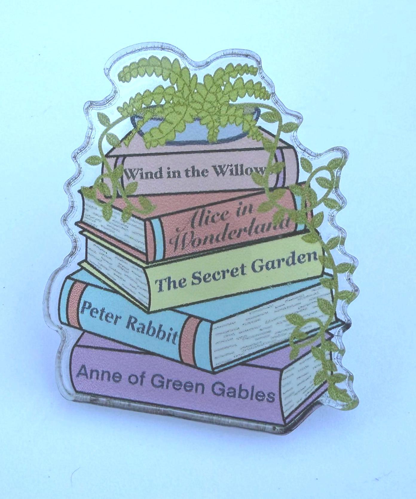 Classic Books Stack Acrylic Pin | Literary Gift