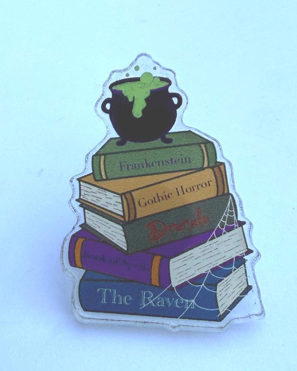 Halloween Book Stack Pin | Gothic Horror Cauldron Badge | Frankenstein Dracula Literary Gift