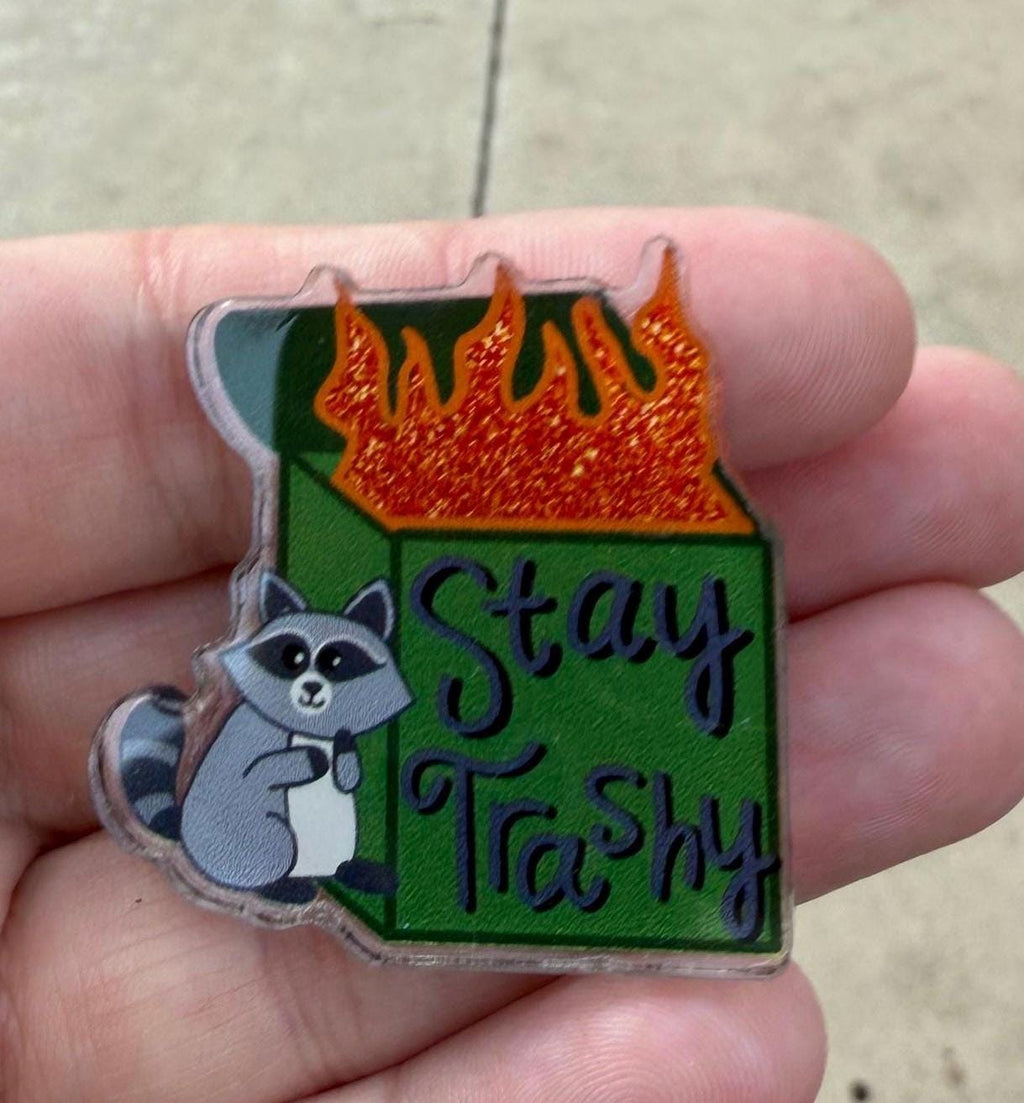 Stay Trashy Raccoon Pin | Dumpster Fire Glitter | Funny Animal | Sarcastic Humor Gift