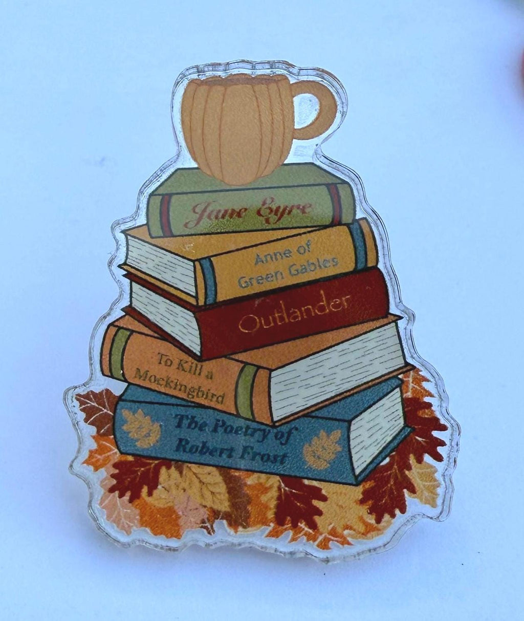 Fall Book Stack Pin | Autumn Cozy Literary Gift | Jane Eyre, Outlander, Mockingbird Book Lover Pin