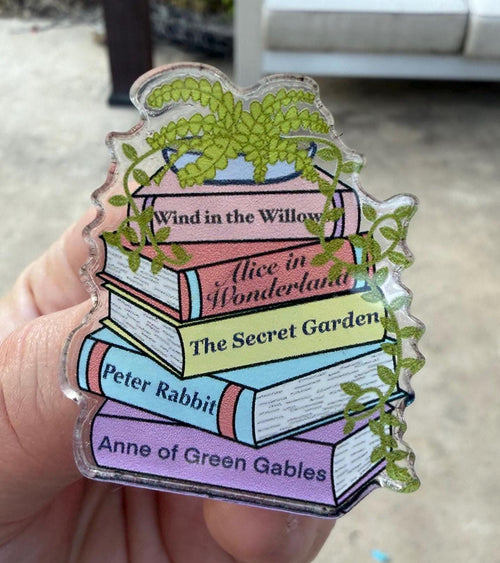 Classic Books Stack Acrylic Pin | Literary Gift