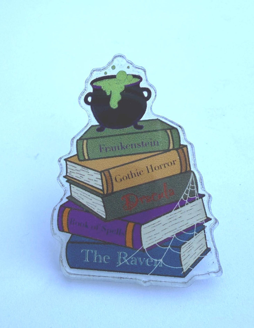 Halloween Book Stack Pin | Gothic Horror Cauldron Badge | Frankenstein Dracula Literary Gift