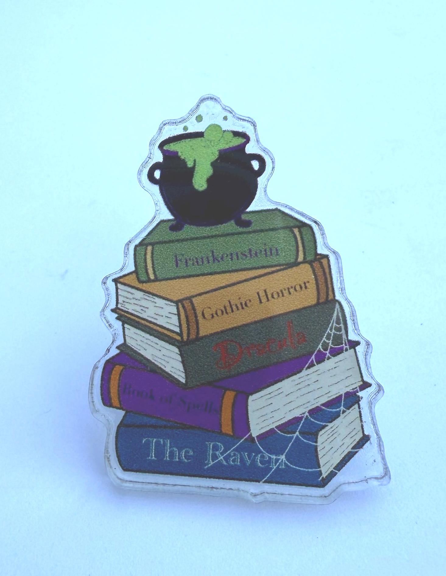 Halloween Book Stack Pin | Gothic Horror Cauldron Badge | Frankenstein Dracula Literary Gift