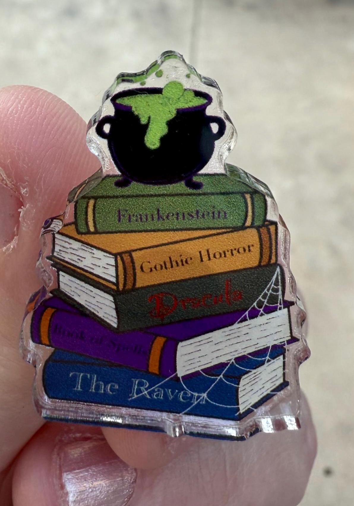 Halloween Book Stack Pin | Gothic Horror Cauldron Badge | Frankenstein Dracula Literary Gift