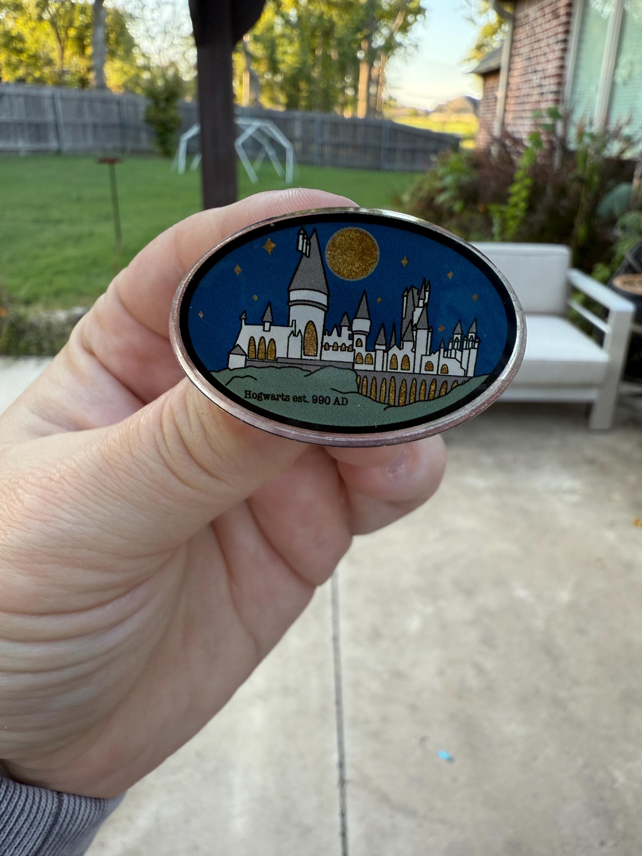 Hogwarts Castle Gold Glitter Pin | Magic School Acrylic Badge | Wizard Fandom Gift | Est. 990 A.D.