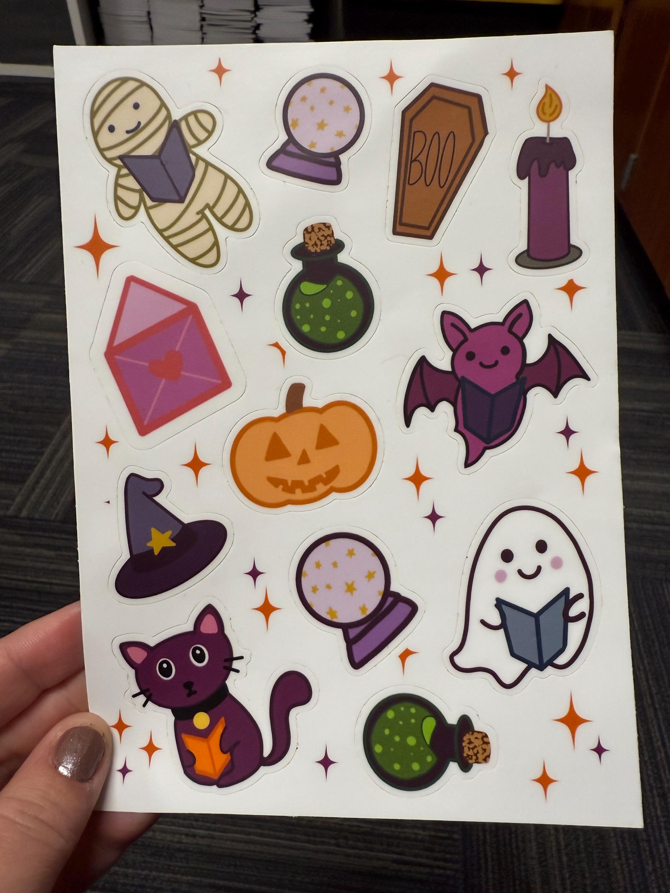 Halloween Sticker Sheet - cute spooky reading buddies on a 5x7 sticker shee / Vinyl Matte Sticker / Laptops, notebooks, water bottles, etc.