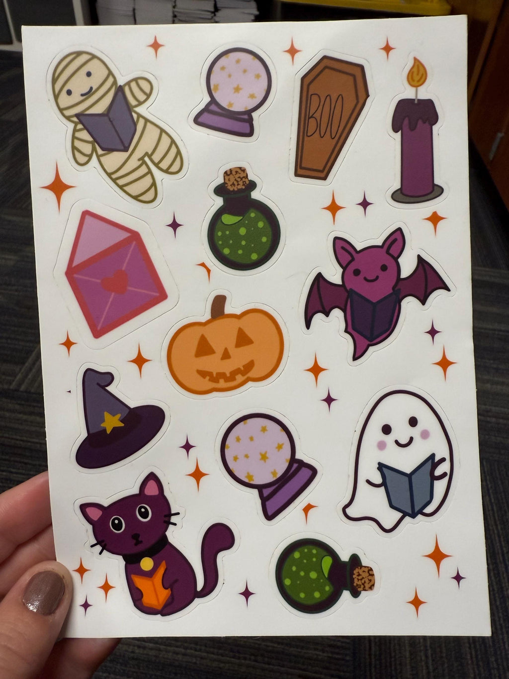 Halloween Sticker Sheet - cute spooky reading buddies on a 5x7 sticker shee / Vinyl Matte Sticker / Laptops, notebooks, water bottles, etc.