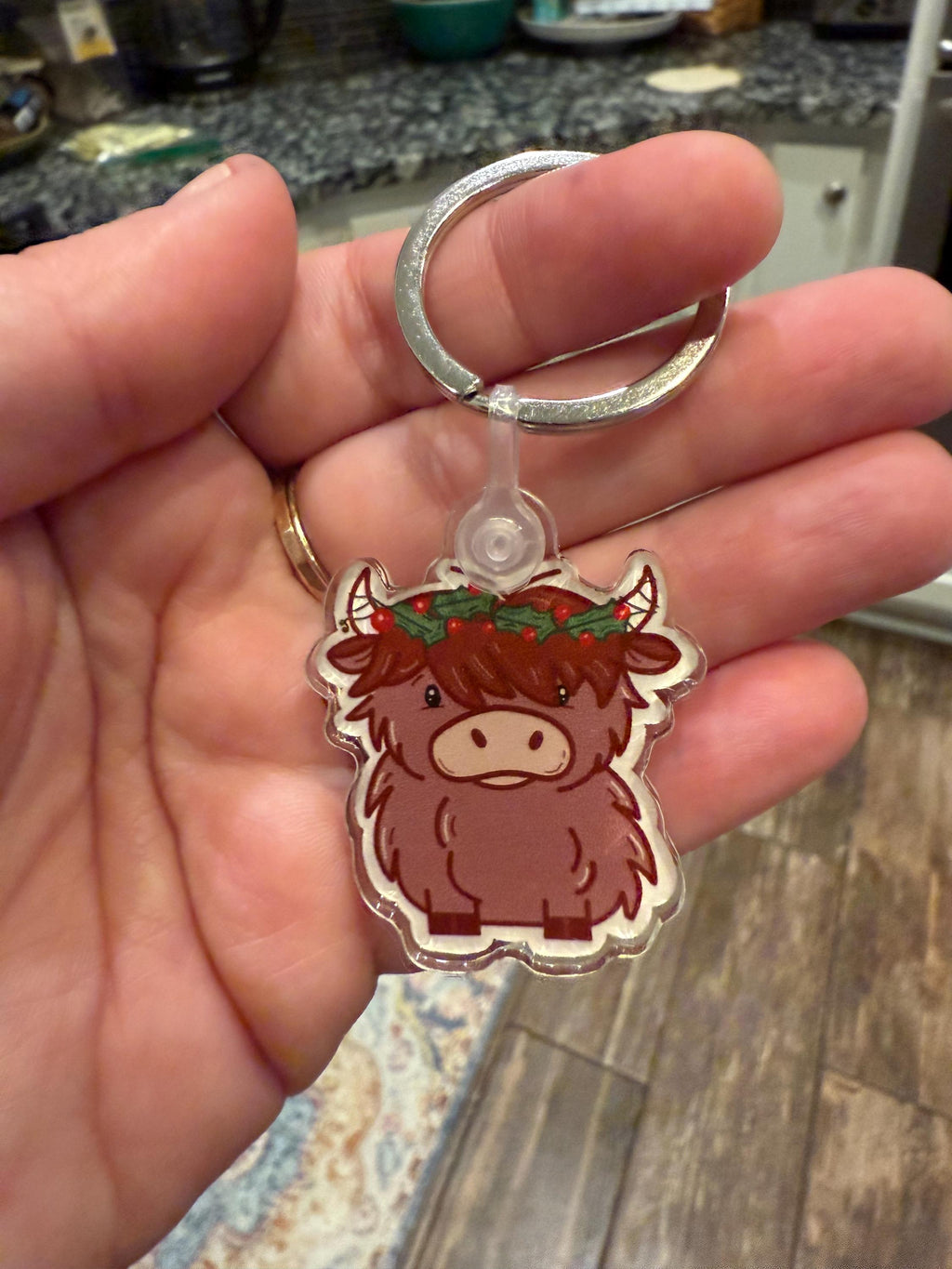 Highland Cow Christmas Keychain | Holly Wreath Acrylic Keyring