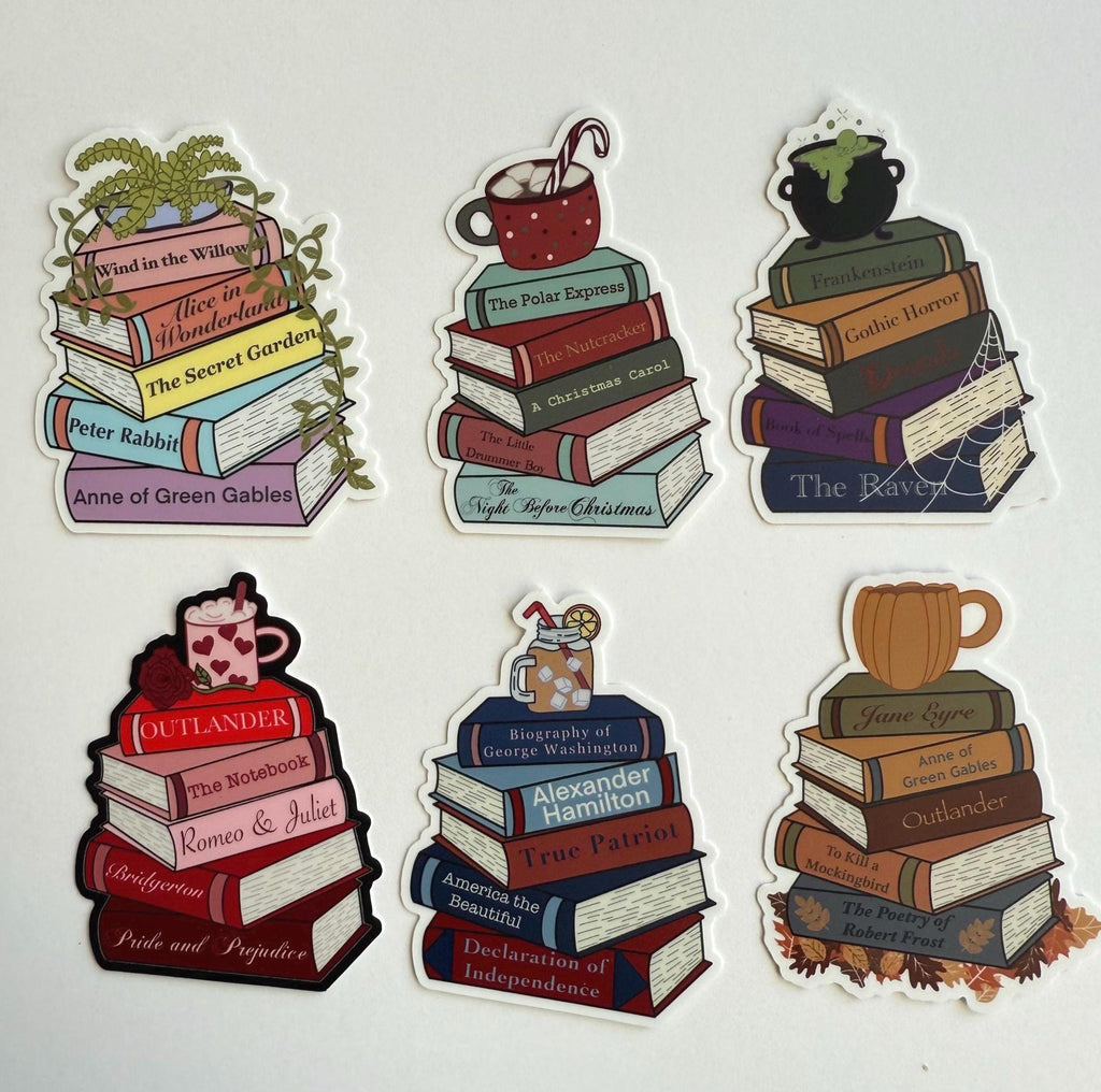 Book Stacks Sticker Pack | Seasonal & Genre Vinyl Decals | 6 pack