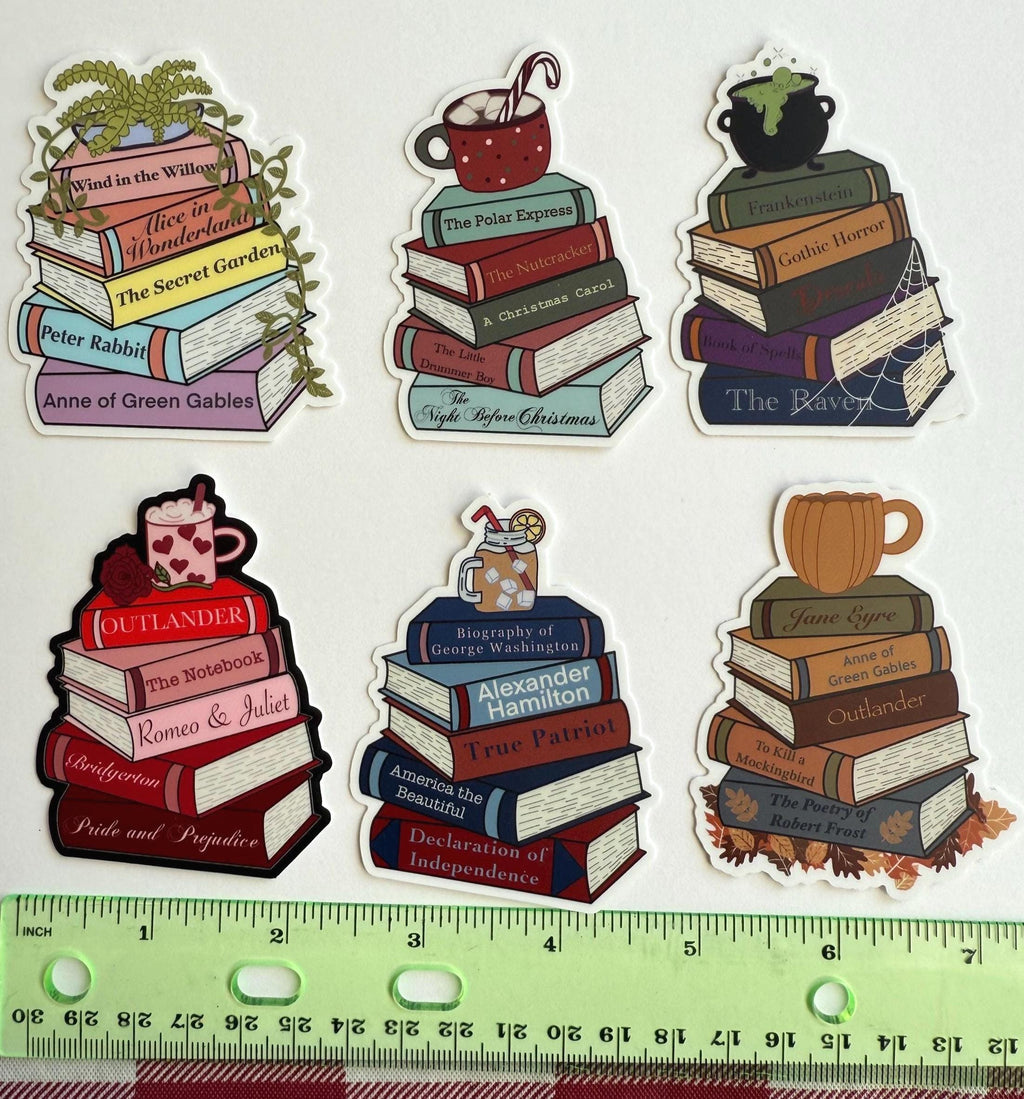 Book Stacks Sticker Pack | Seasonal & Genre Vinyl Decals | 6 pack