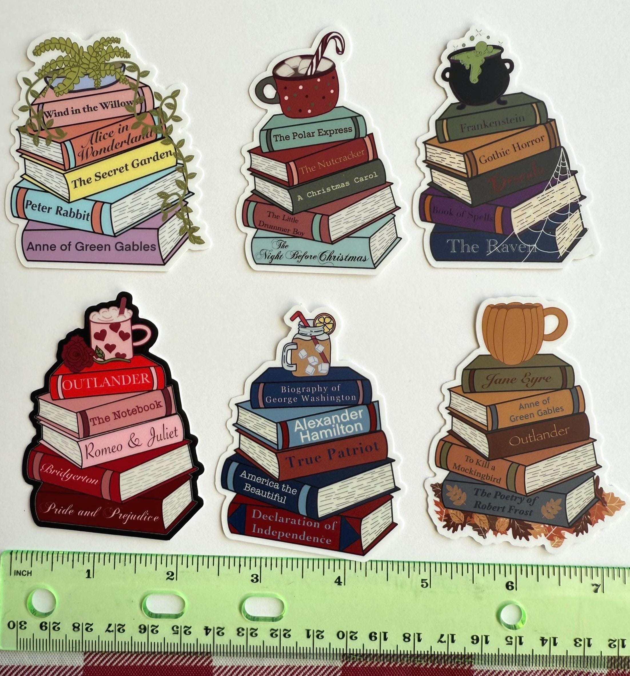 Book Stacks Sticker Pack | Seasonal & Genre Vinyl Decals | 6 pack