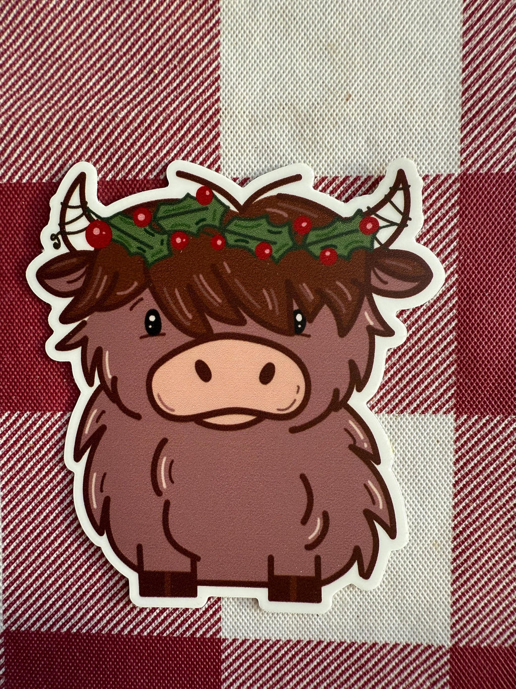 Christmas Highland Cow Sticker | Holiday Holly Wreath Decal | Festive Vinyl Waterproof Sticker