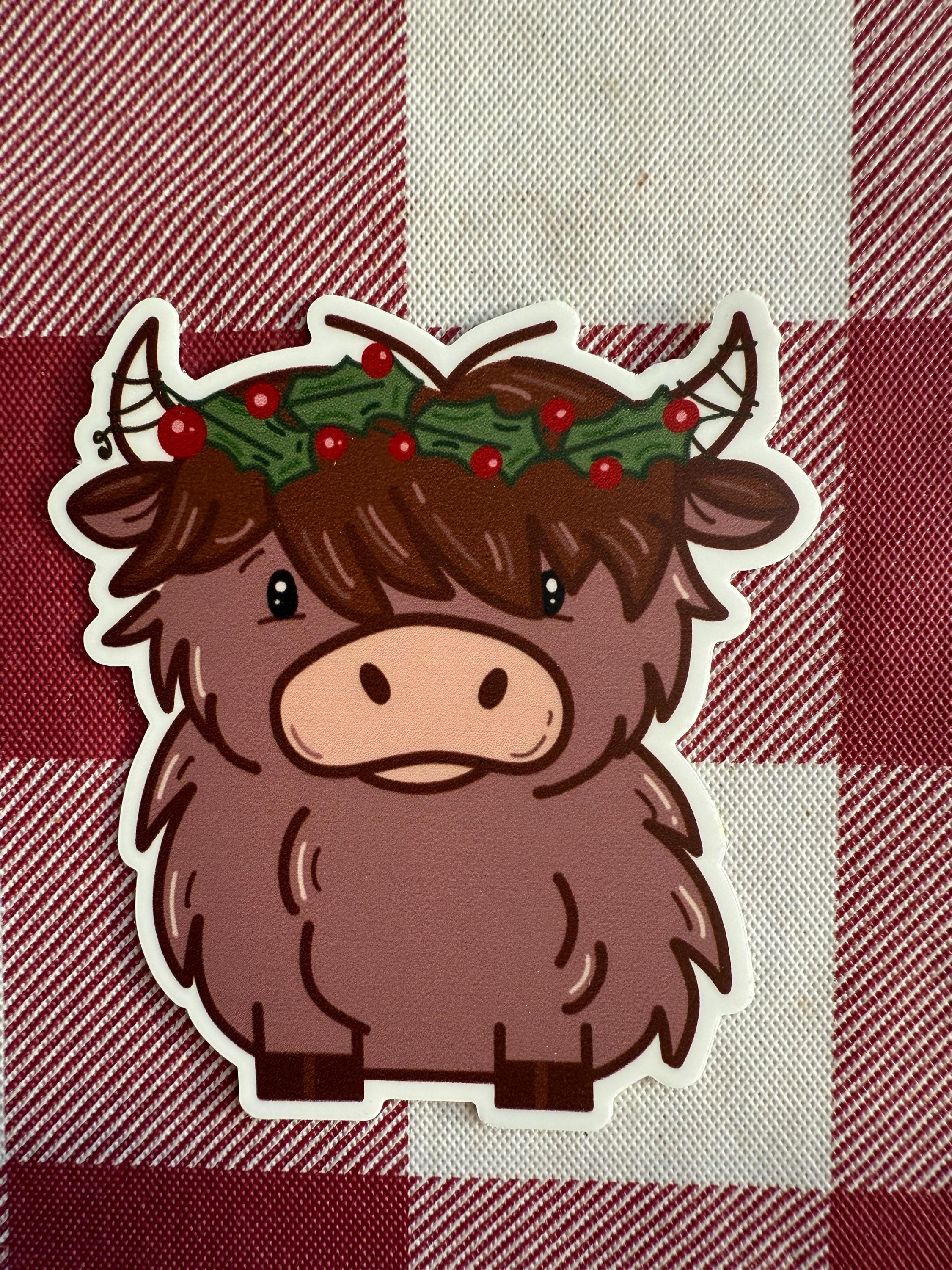 Christmas Highland Cow Sticker | Holiday Holly Wreath Decal | Festive Vinyl Waterproof Sticker
