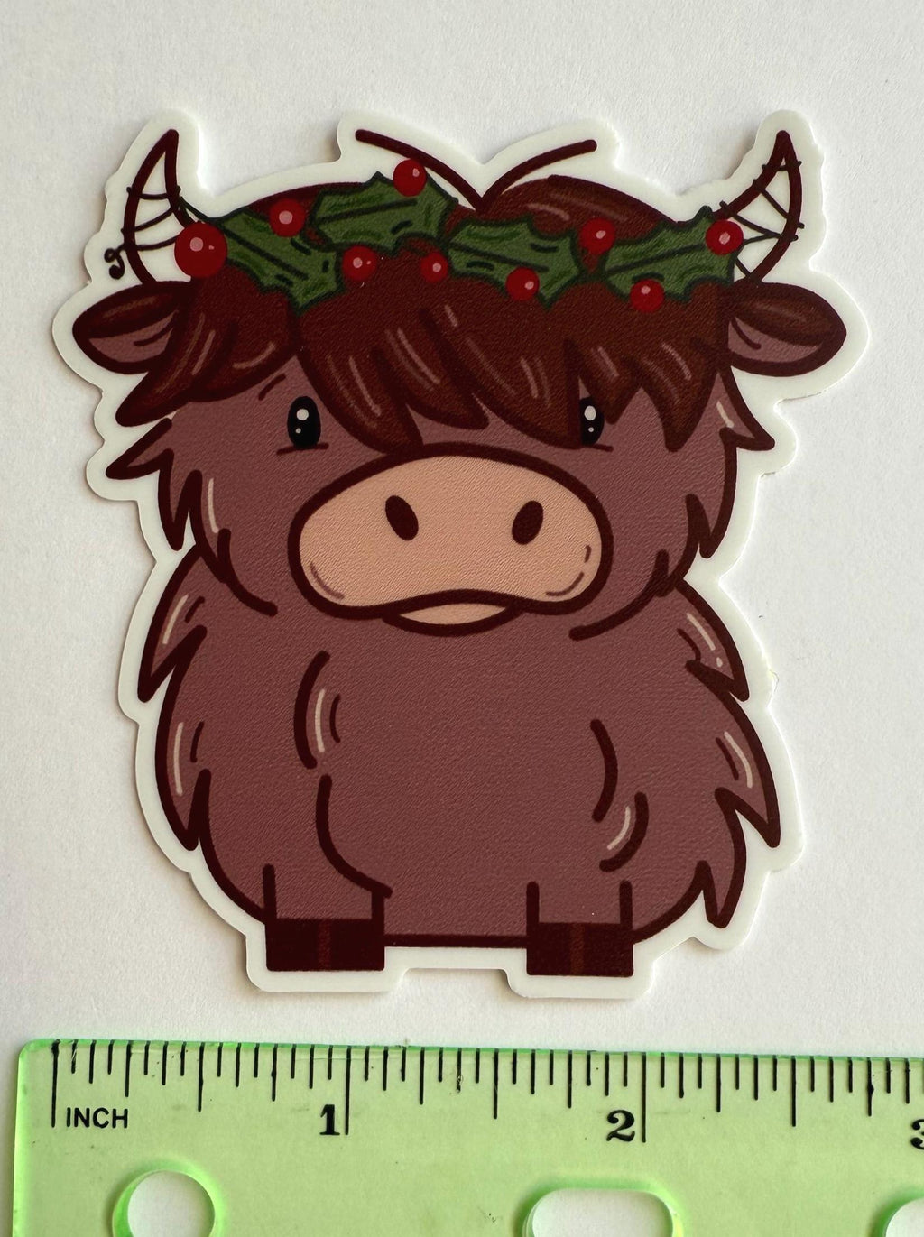 Christmas Highland Cow Sticker | Holiday Holly Wreath Decal | Festive Vinyl Waterproof Sticker