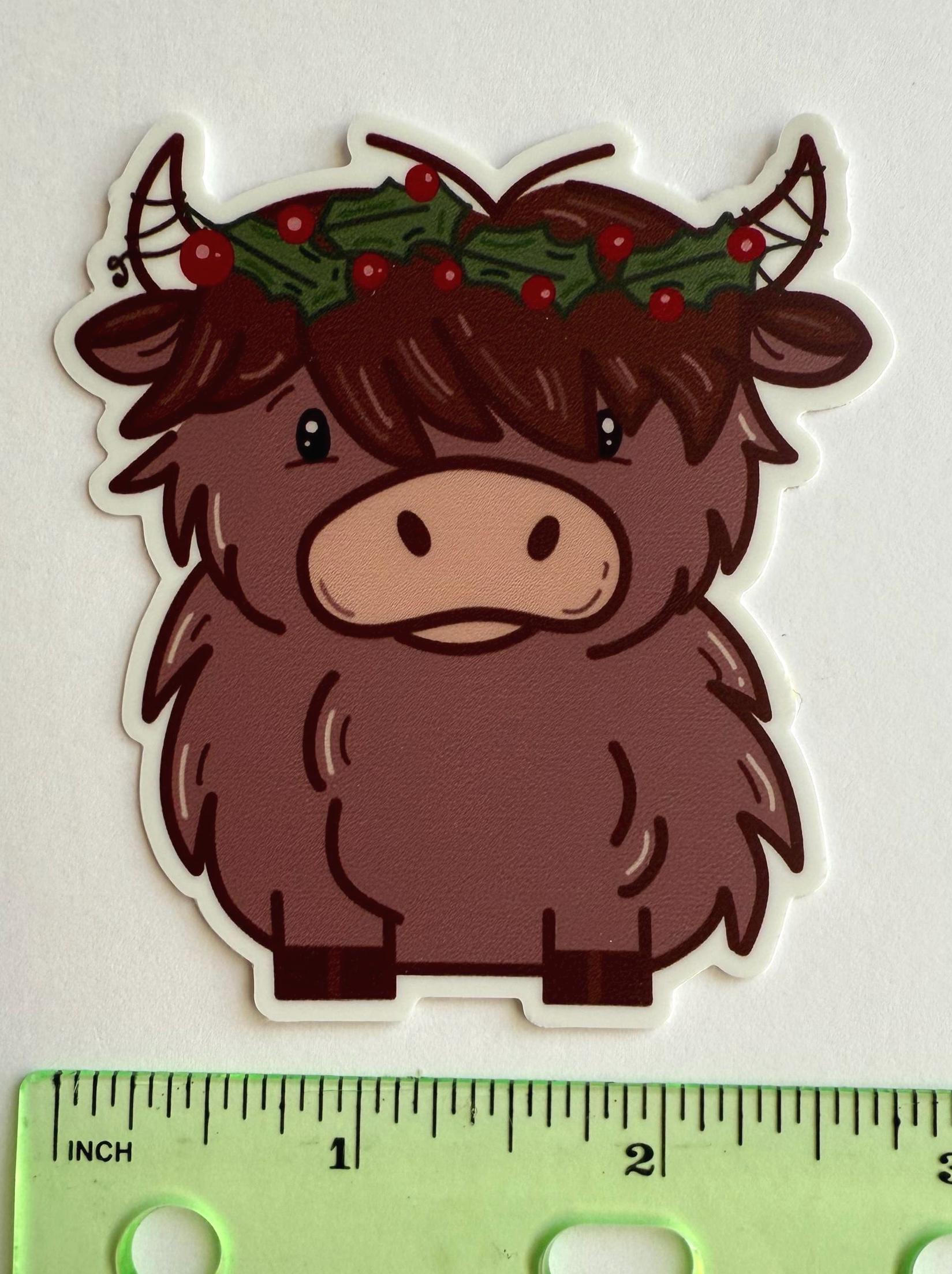 Christmas Highland Cow Sticker | Holiday Holly Wreath Decal | Festive Vinyl Waterproof Sticker