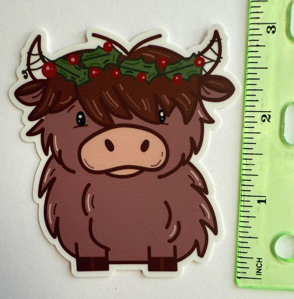 Christmas Highland Cow Sticker | Holiday Holly Wreath Decal | Festive Vinyl Waterproof Sticker