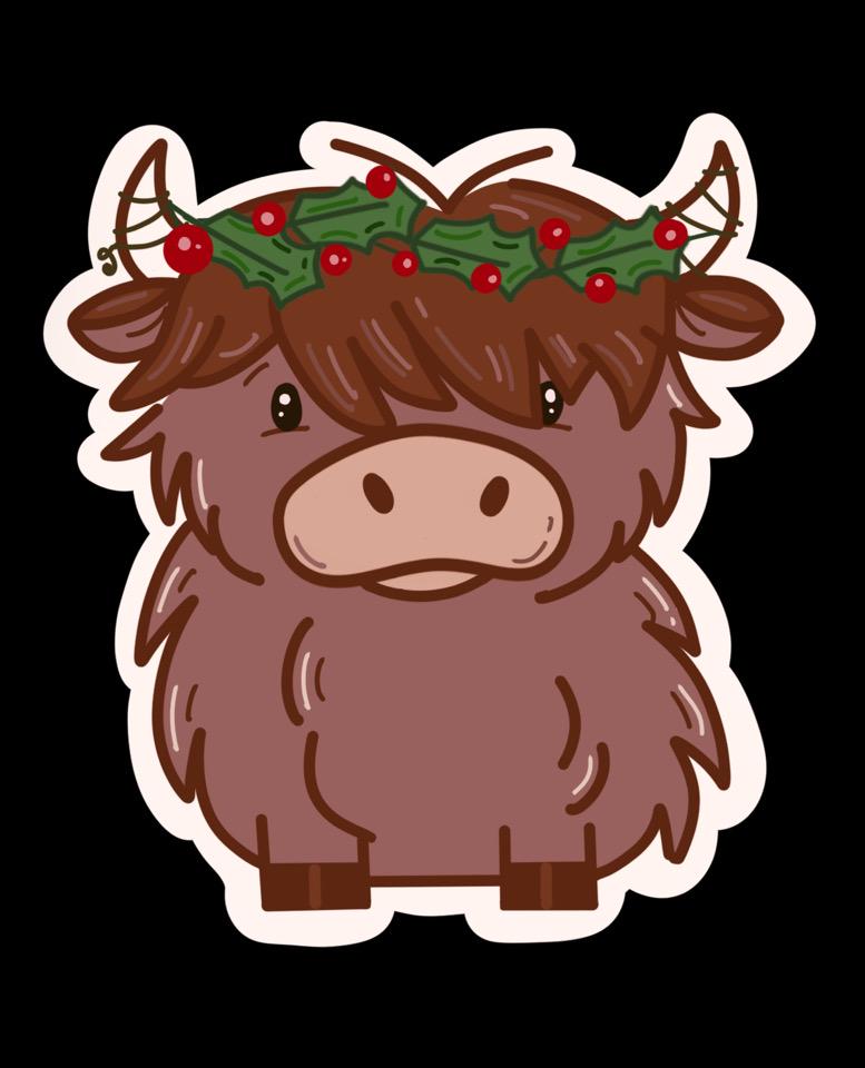 Highland Cow Christmas Keychain | Holly Wreath Acrylic Keyring