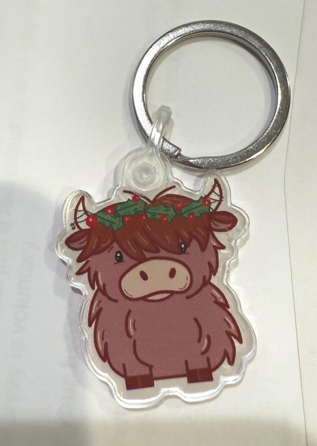 Highland Cow Christmas Keychain | Holly Wreath Acrylic Keyring