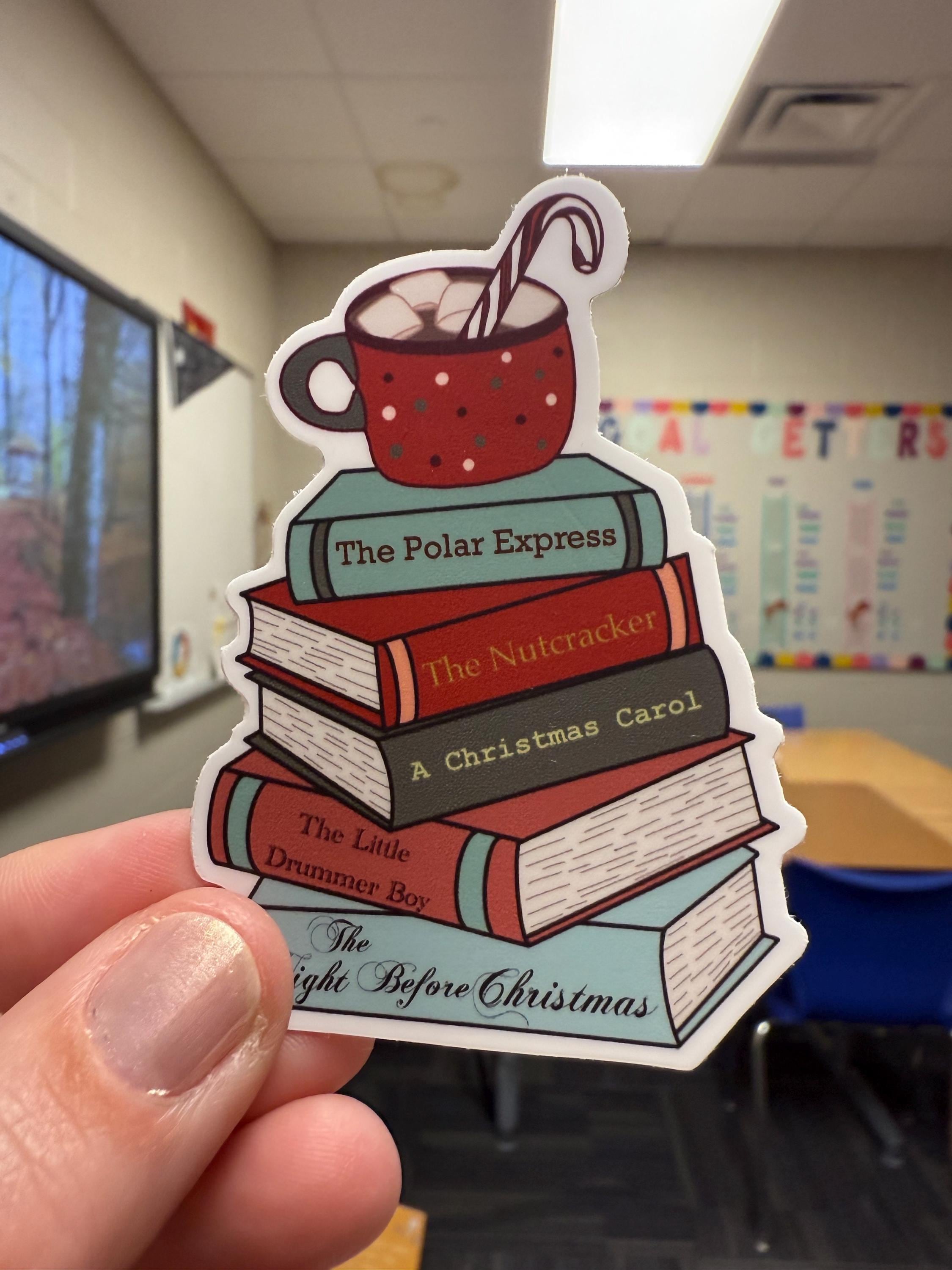 Christmas Book Stack Sticker | Holiday Reading Decal | Hot Cocoa Mug | Classic Christmas Books | Bookworm Gift | Cozy Winter Vibe