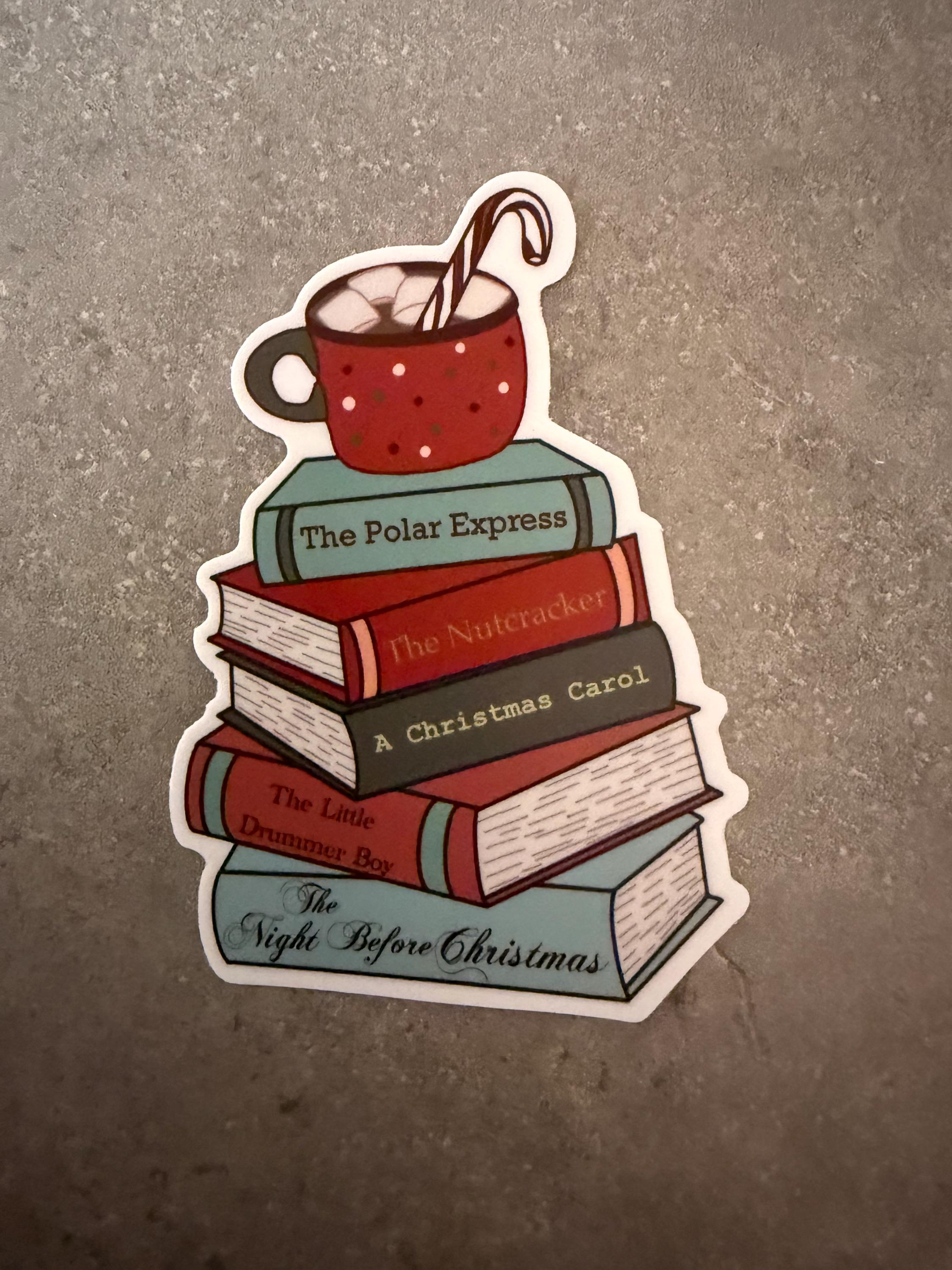 Christmas Book Stack Sticker | Holiday Reading Decal | Hot Cocoa Mug | Classic Christmas Books | Bookworm Gift | Cozy Winter Vibe