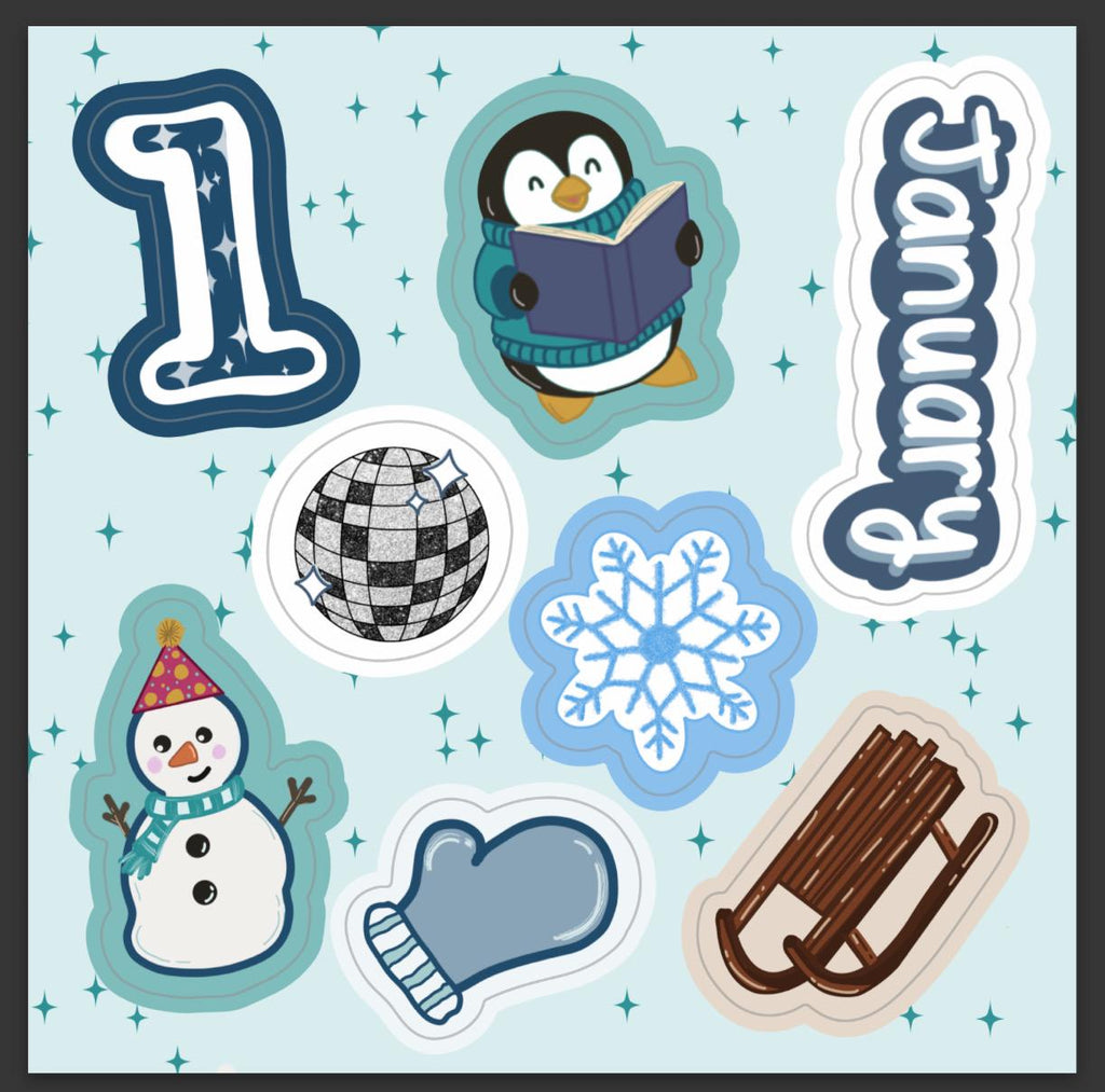 January Sticker Sheet 4x4 | Winter Theme Planner Decals | Reading Penguin, Snowman, Disco Ball | Cozy New Year Bullet Journal Stickers