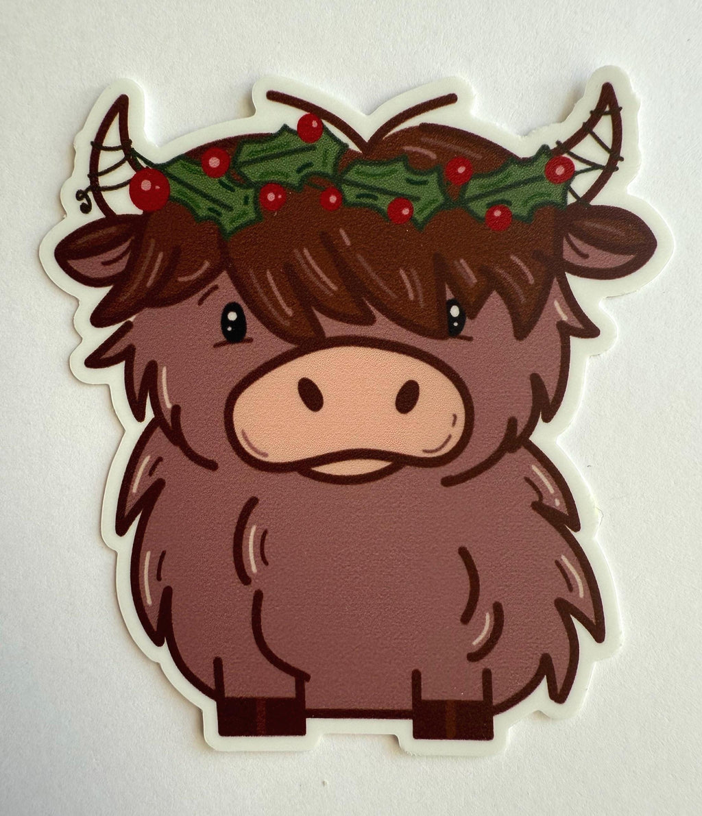 Christmas Highland Cow Sticker | Holiday Holly Wreath Decal | Festive Vinyl Waterproof Sticker