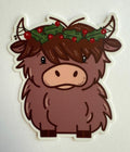 Christmas Highland Cow Sticker | Holiday Holly Wreath Decal | Festive Vinyl Waterproof Sticker