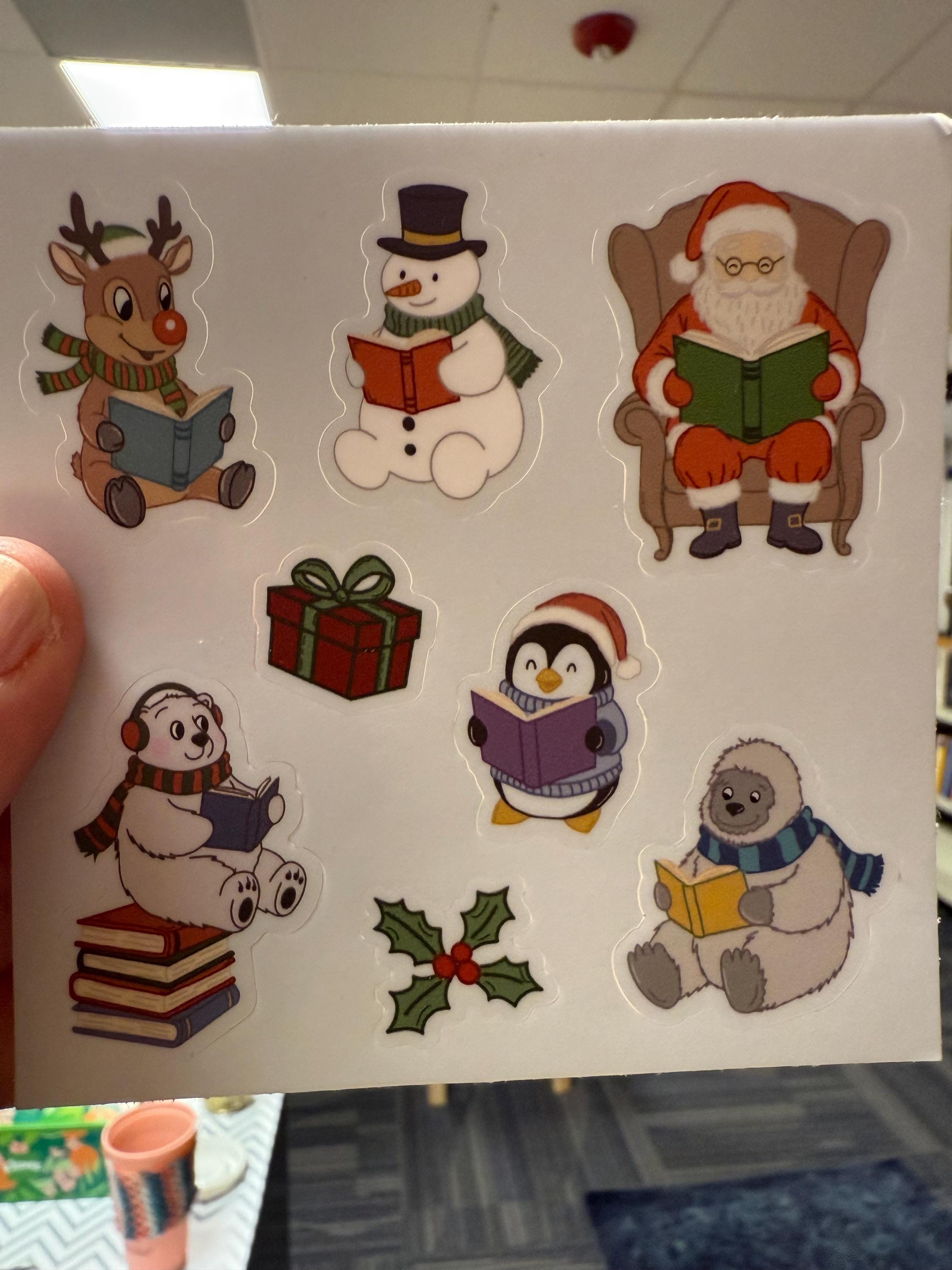 Cozy Reading Christmas Sticker Sheet 4x4 | Holiday Bookish Decals | Santa, Snowman, Reindeer Reading | Winter Journal Planner Stickers