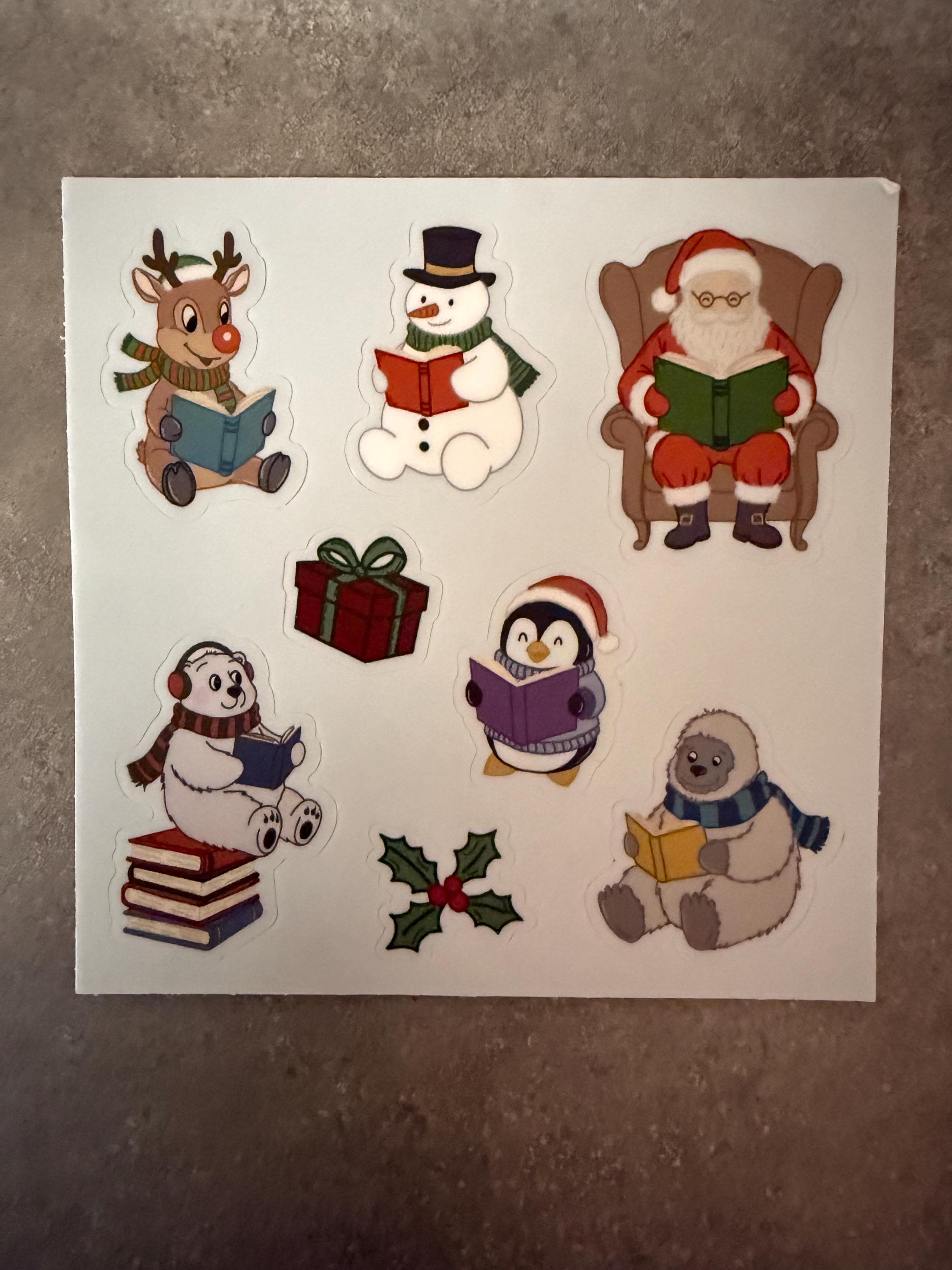 Cozy Reading Christmas Sticker Sheet 4x4 | Holiday Bookish Decals | Santa, Snowman, Reindeer Reading | Winter Journal Planner Stickers