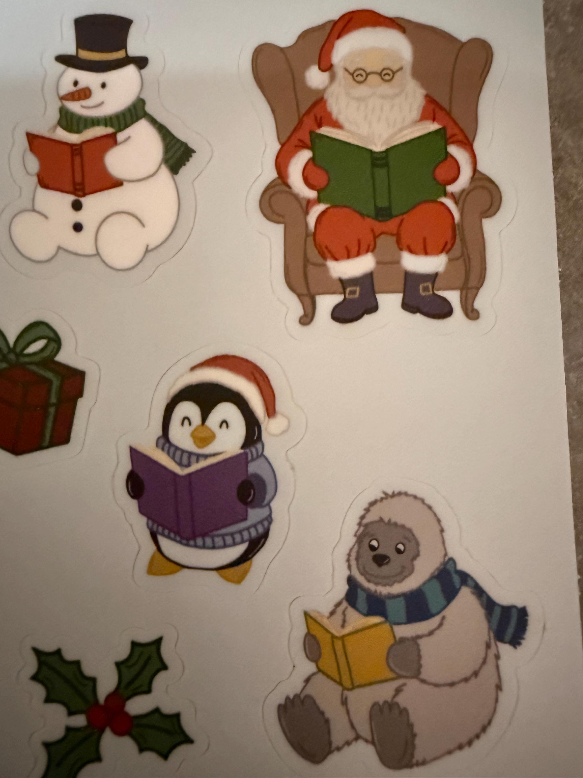 Cozy Reading Christmas Sticker Sheet 4x4 | Holiday Bookish Decals | Santa, Snowman, Reindeer Reading | Winter Journal Planner Stickers