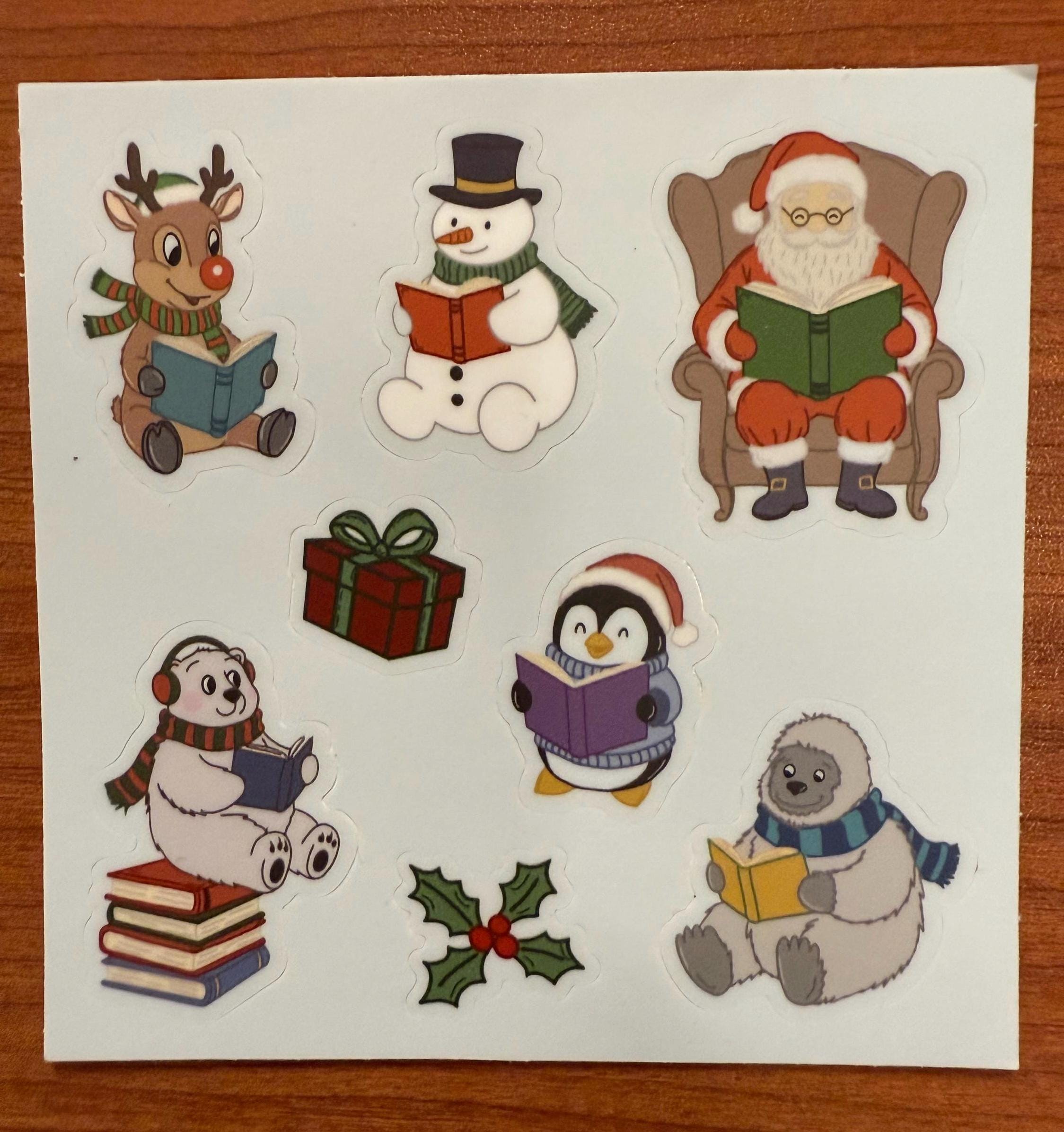Cozy Reading Christmas Sticker Sheet 4x4 | Holiday Bookish Decals | Santa, Snowman, Reindeer Reading | Winter Journal Planner Stickers