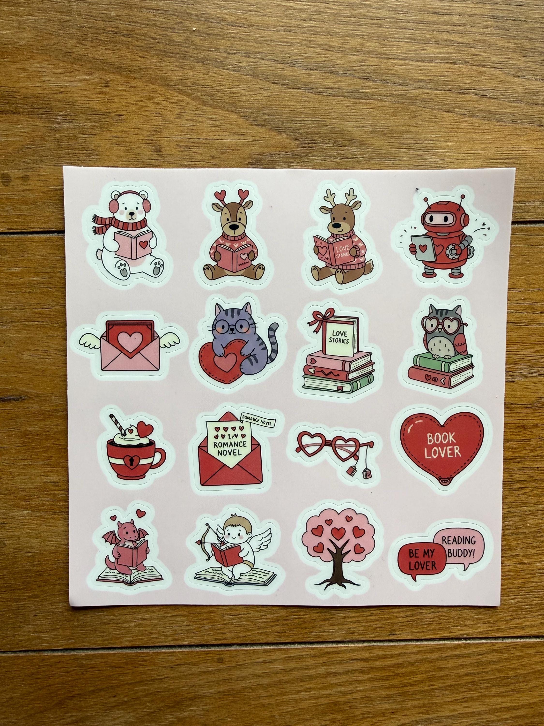 Valentine Reading Buddies Sticker Sheet | Cute Animal Book Stickers | Romance Novel Reader Gift | 6x6 Planner Stickers | Bookish Valentine