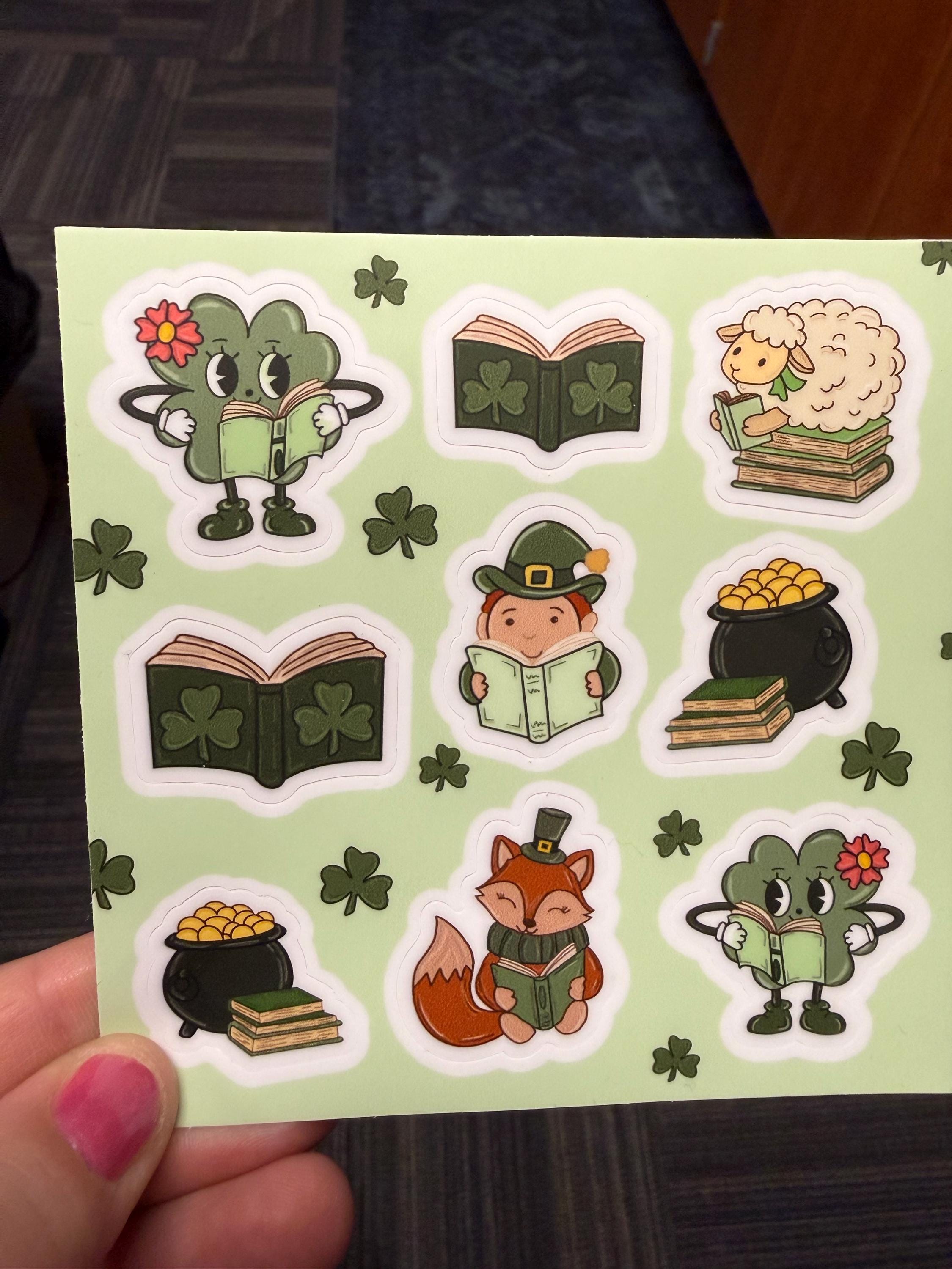 St. Patrick's Day Reading Stickers, Lucky Bookish Sticker Sheet, Retro Clover Reading Buddies, Librarian & Teacher Gift, 4x4 Planner Sticker
