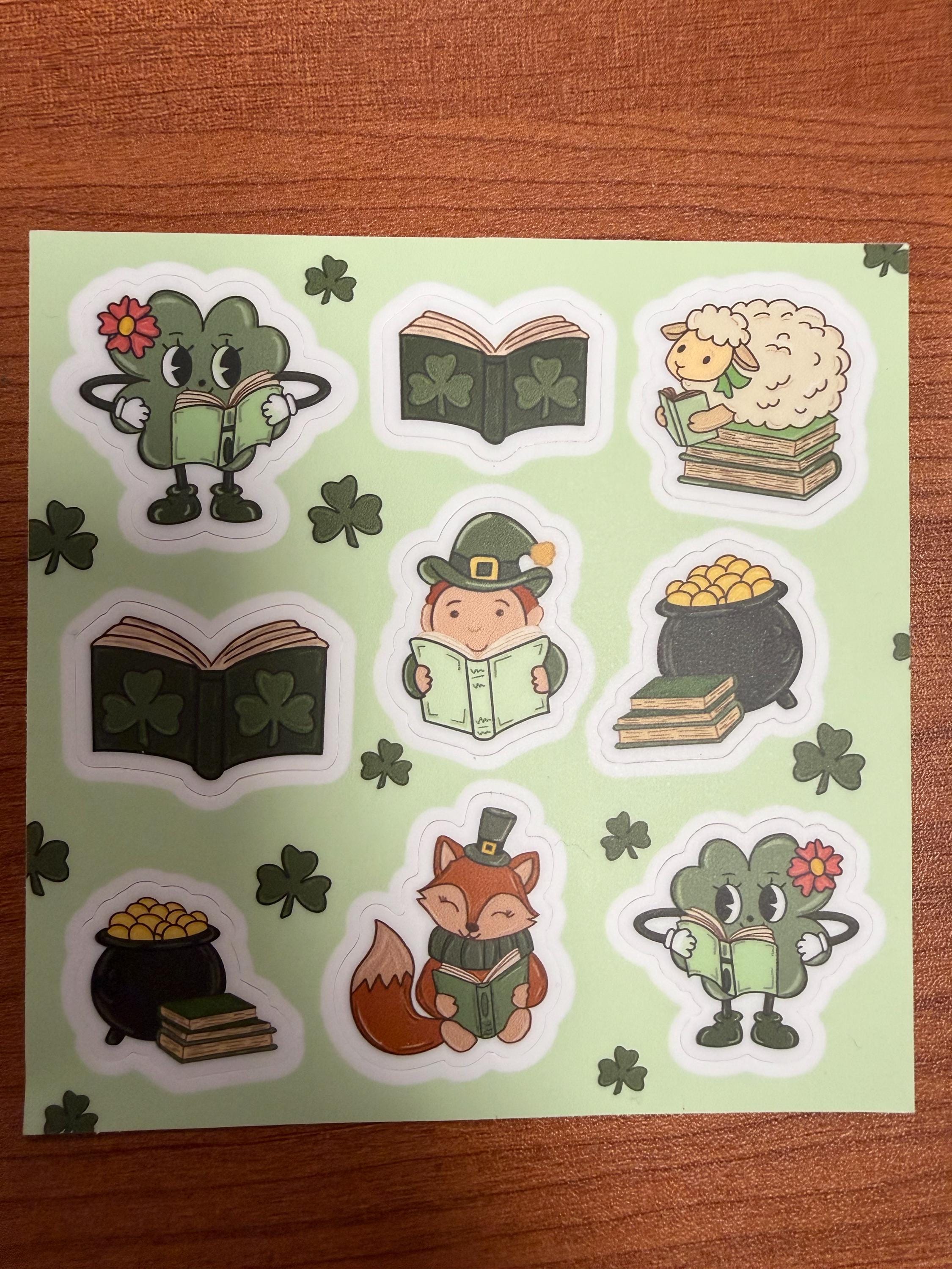 St. Patrick's Day Reading Stickers, Lucky Bookish Sticker Sheet, Retro Clover Reading Buddies, Librarian & Teacher Gift, 4x4 Planner Sticker