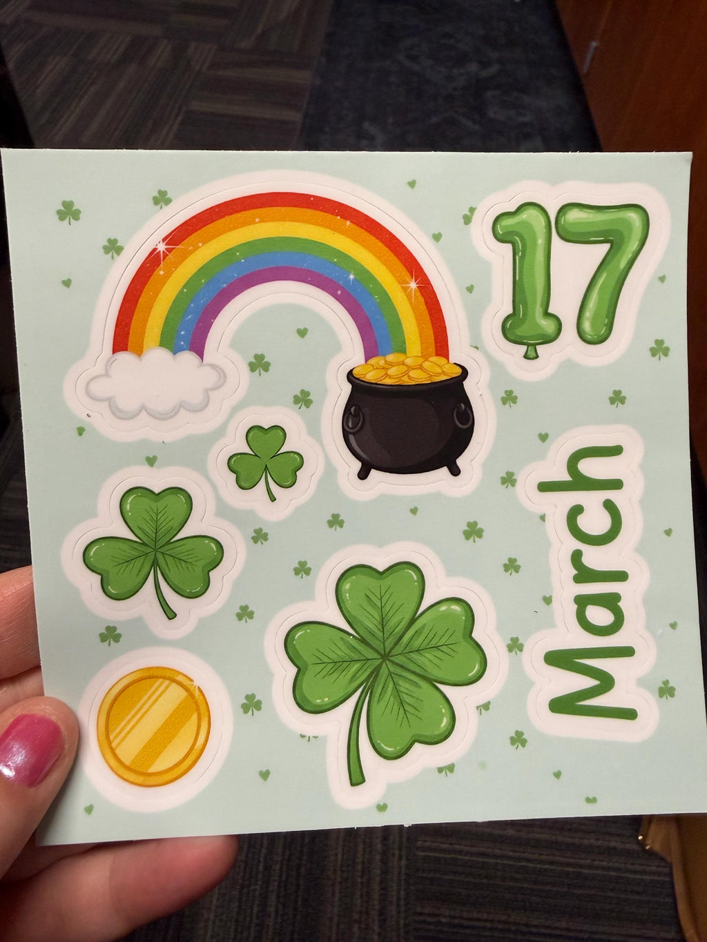 March 17 Planner Stickers, St. Patrick's Day Calendar Decals, Rainbow and Pot of Gold Sticker Sheet, Lucky Shamrocks for Journaling, 4x4