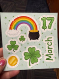 March 17 Planner Stickers, St. Patrick's Day Calendar Decals, Rainbow and Pot of Gold Sticker Sheet, Lucky Shamrocks for Journaling, 4x4