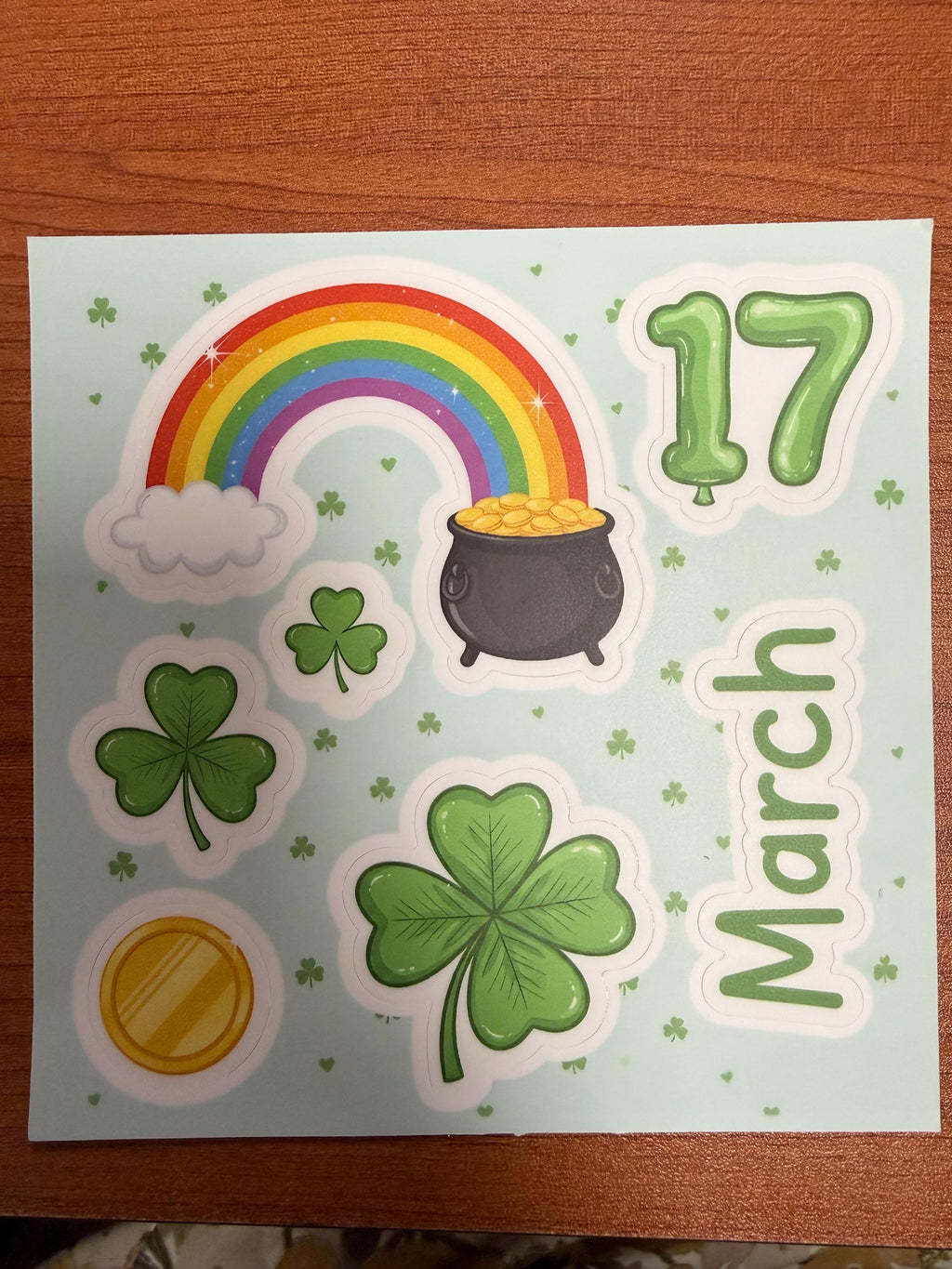 March 17 Planner Stickers, St. Patrick's Day Calendar Decals, Rainbow and Pot of Gold Sticker Sheet, Lucky Shamrocks for Journaling, 4x4