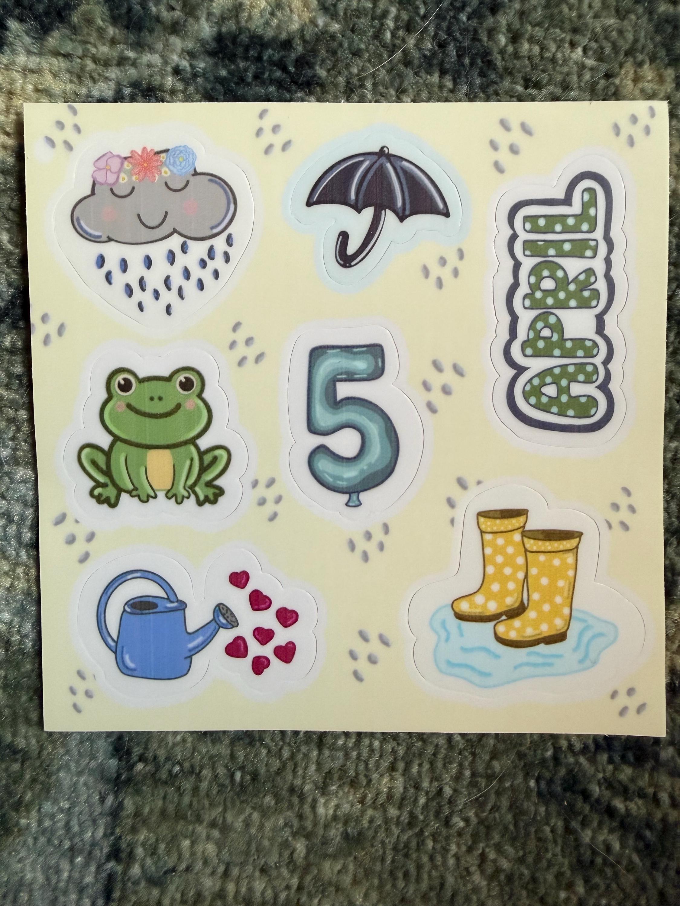April Planner Sticker Sheet | Spring Journaling Decals | Kawaii Rain Cloud, Frog, & Rain Boots | 4x4 Waterproof Vinyl for Planners and Bujos