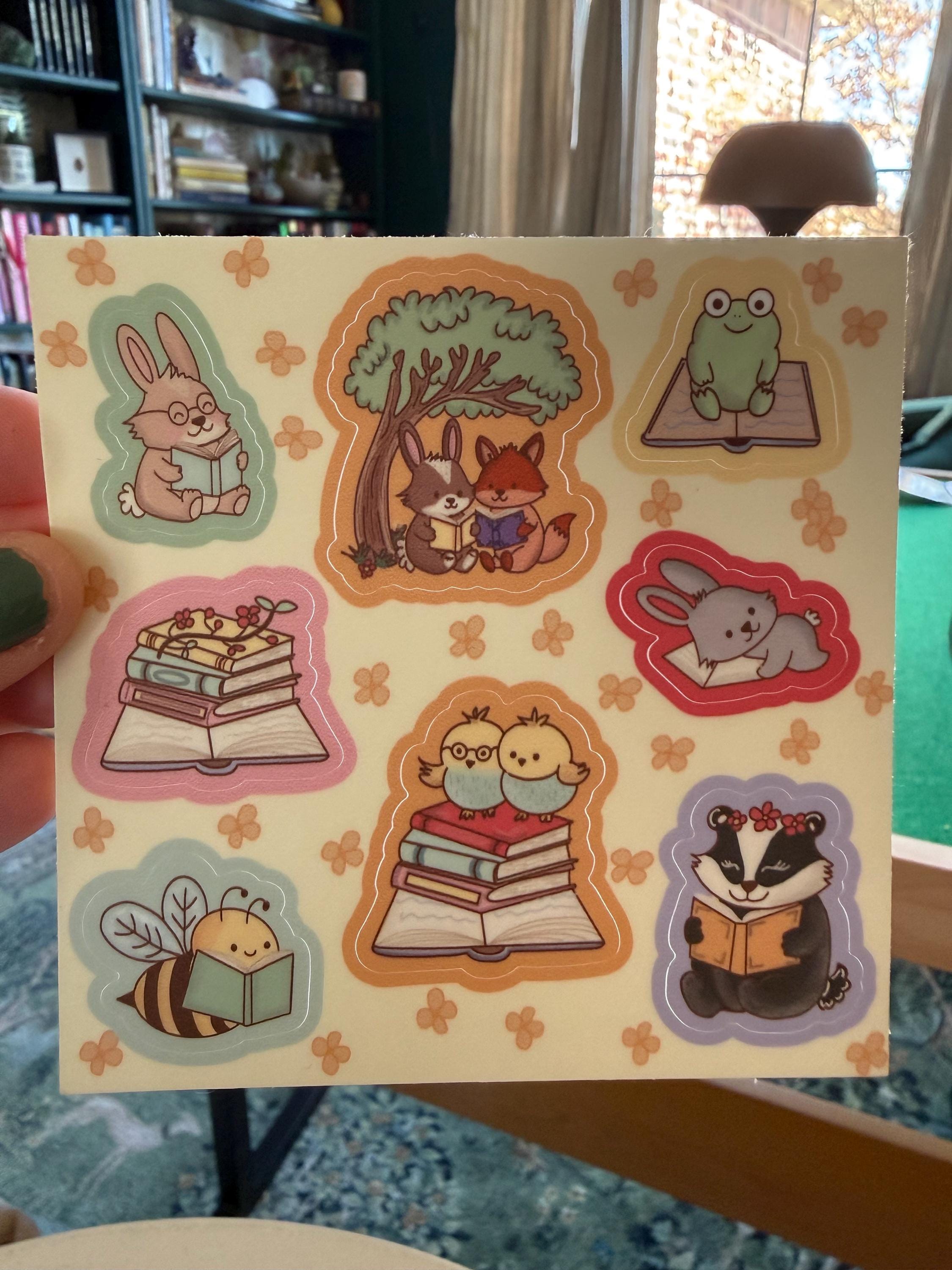 Spring Reading Buddies Sticker Sheet, Cute Animal Bookish Stickers for Kindle, Cottagecore Frog & Bunny Vinyl Decals, Book Lover Gift, 4x4