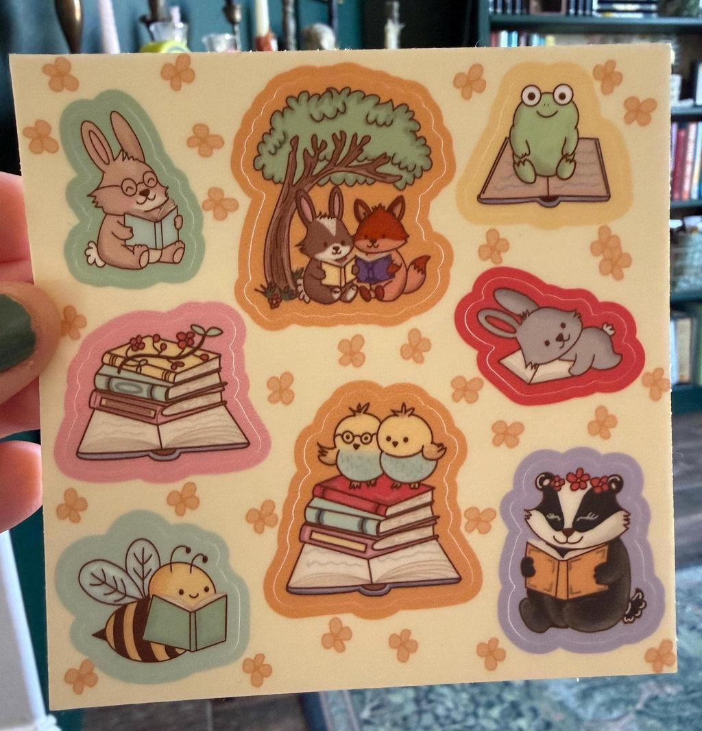 Spring Reading Buddies Sticker Sheet, Cute Animal Bookish Stickers for Kindle, Cottagecore Frog & Bunny Vinyl Decals, Book Lover Gift, 4x4