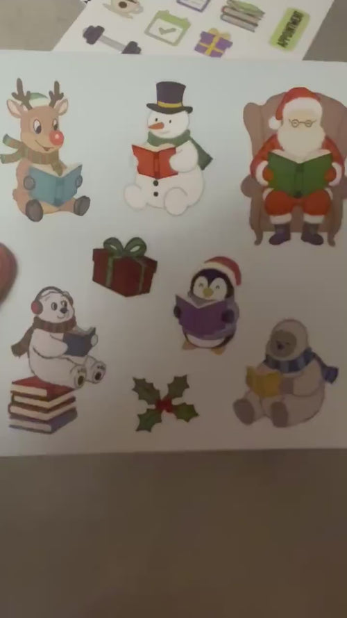 Cozy Reading Christmas Sticker Sheet 4x4 | Holiday Bookish Decals | Santa, Snowman, Reindeer Reading | Winter Journal Planner Stickers
